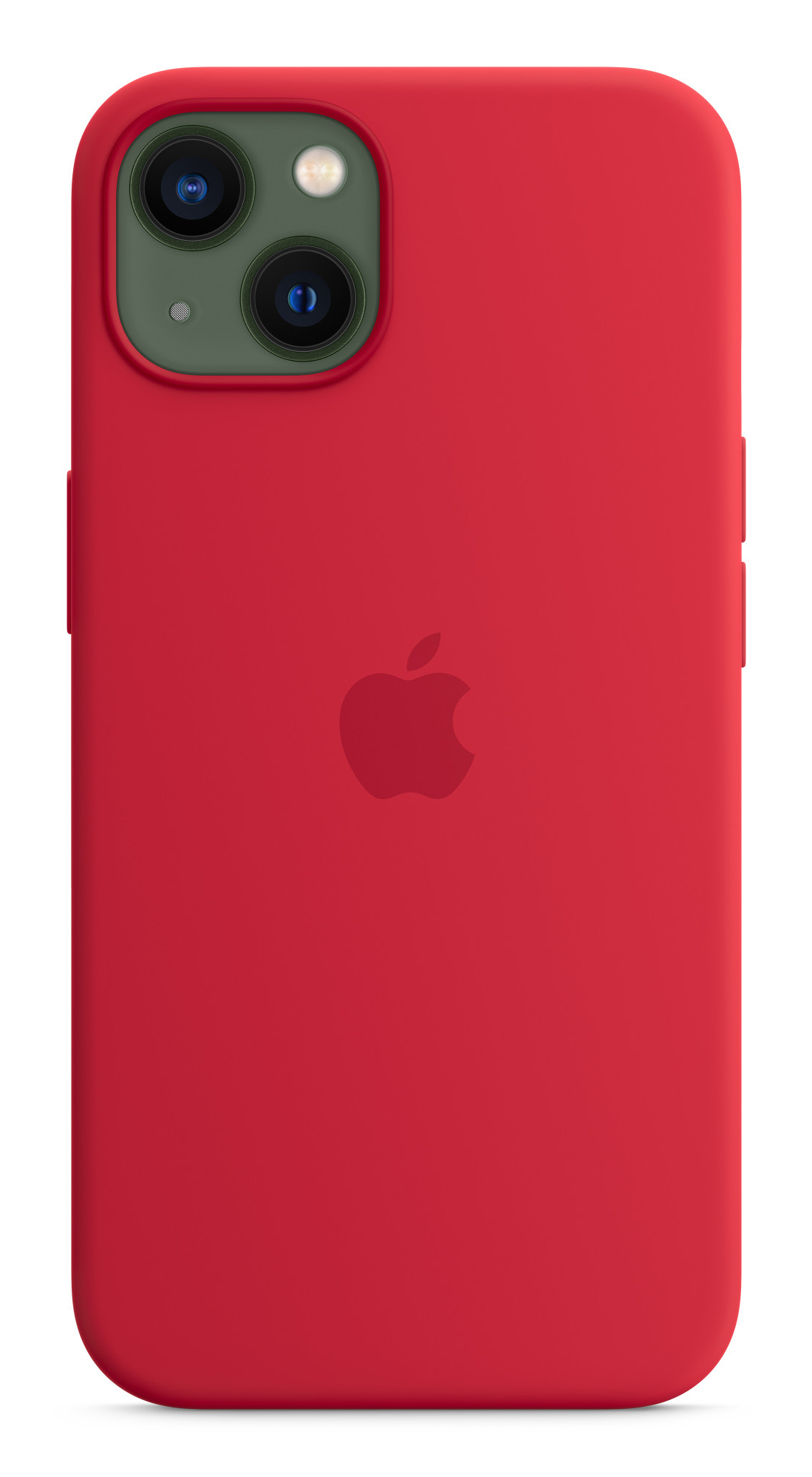 Custodia rossa con due lenti, una bianca e logo Apple su sfondo bianco.