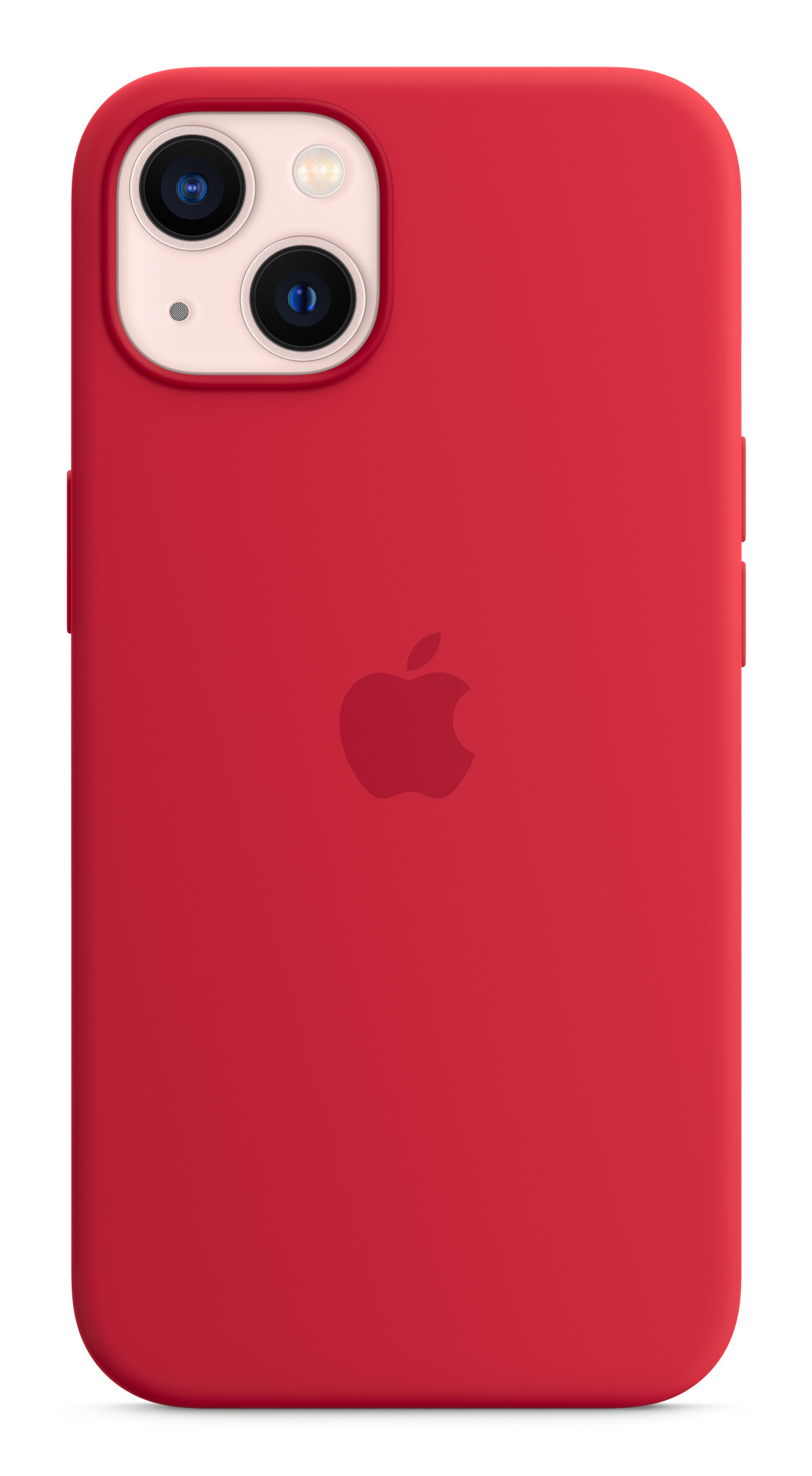 Custodia rossa con logo Apple, che copre il retro di un telefono con fotocamera.