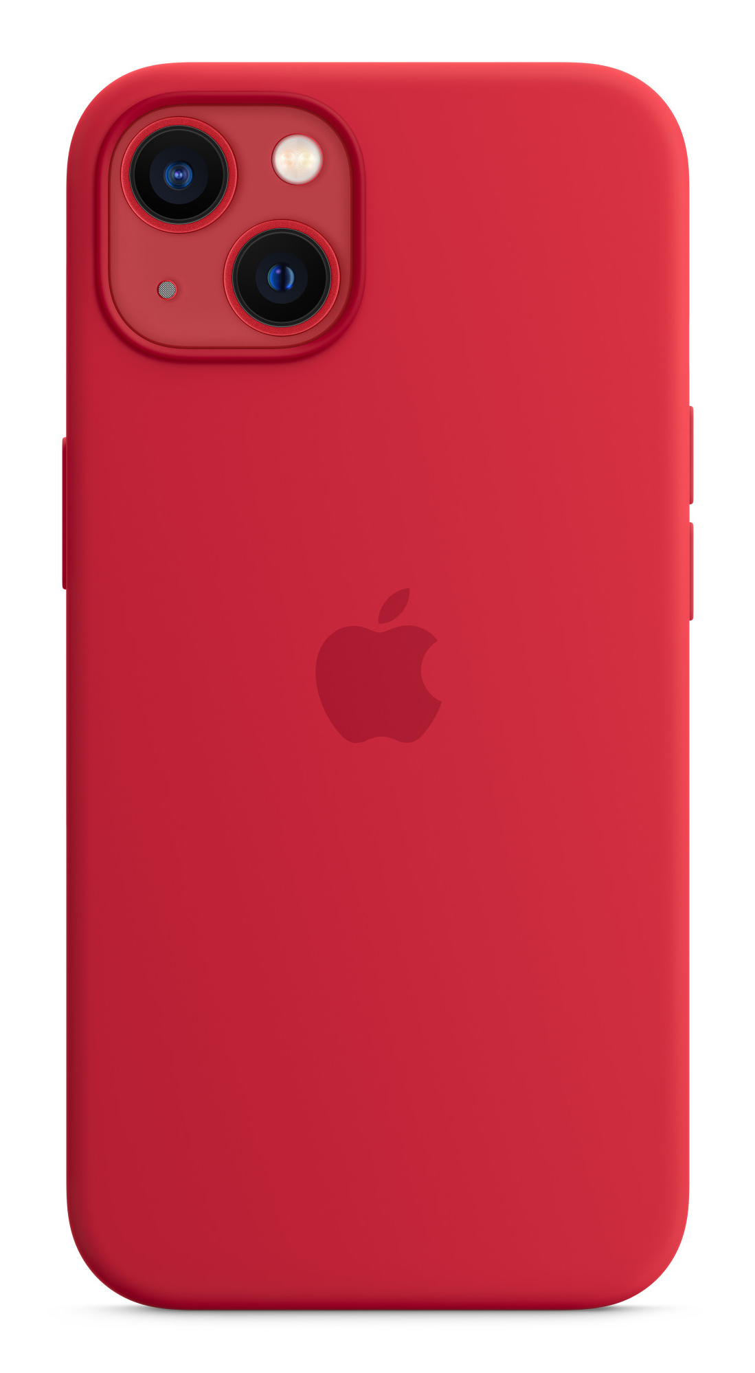 Custodia rossa per telefono con logo Apple e ritagli per fotocamera, su sfondo bianco.