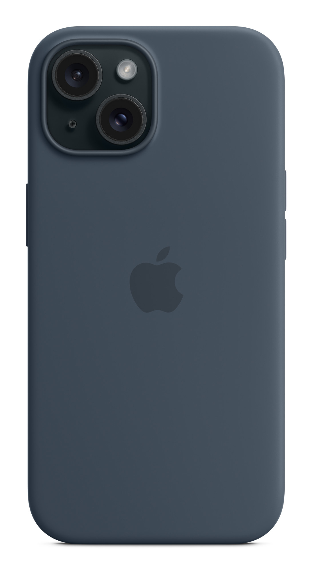 Eine dunkelblaue Handyhülle mit Apple-Logo und Kameraaussparung.