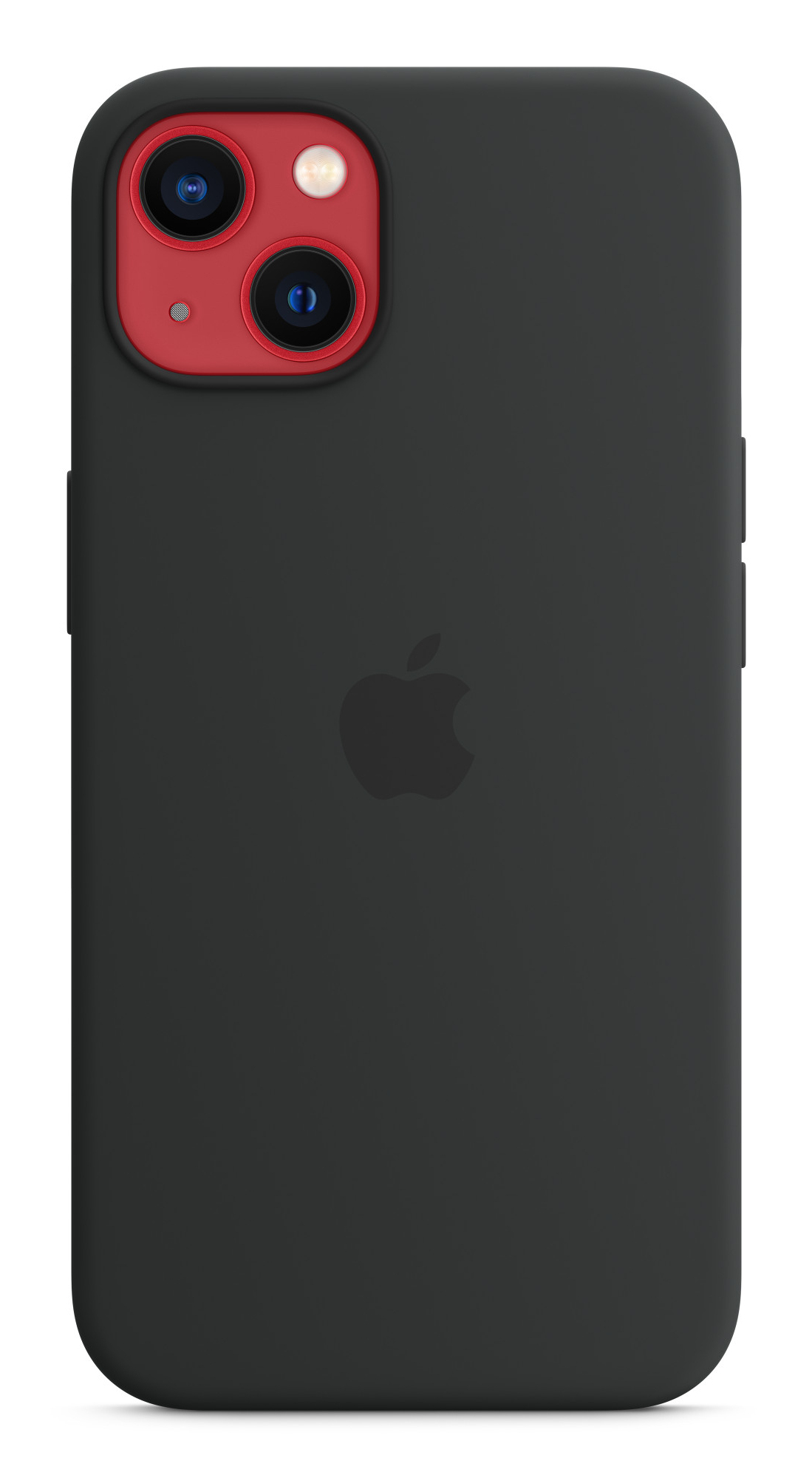 Una custodia nera per telefono con logo Apple e ritaglio per la fotocamera con accenti rossi.
