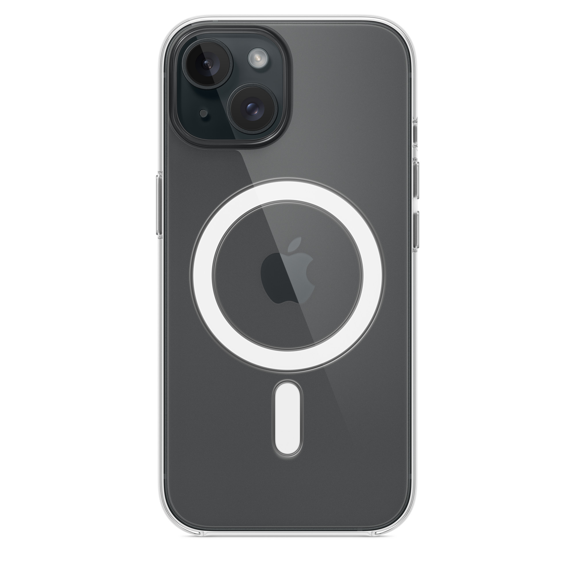 Custodia trasparente con cerchio bianco e logo Apple. Lenti nere visibili.