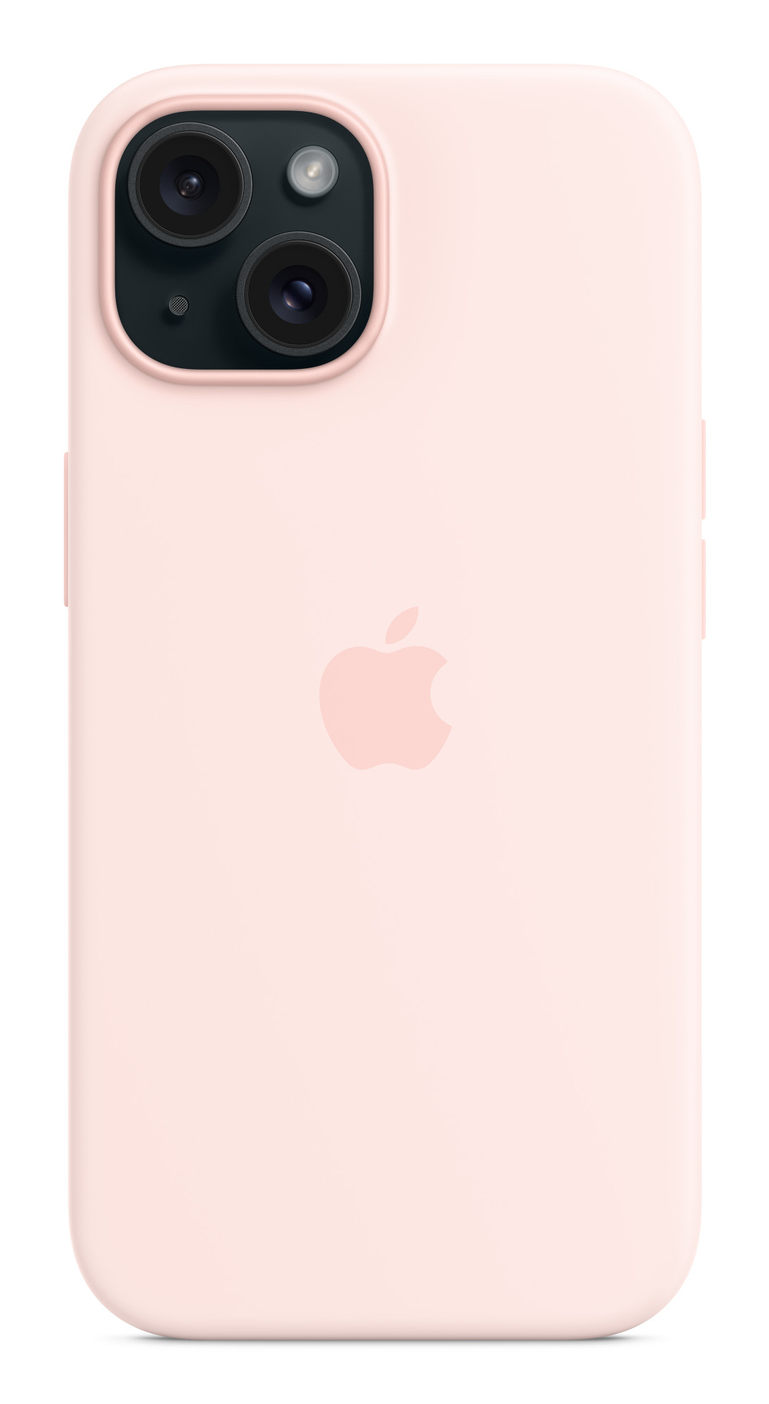 Un iPhone rosa con custodia rosa, che mostra la fotocamera e il logo Apple.