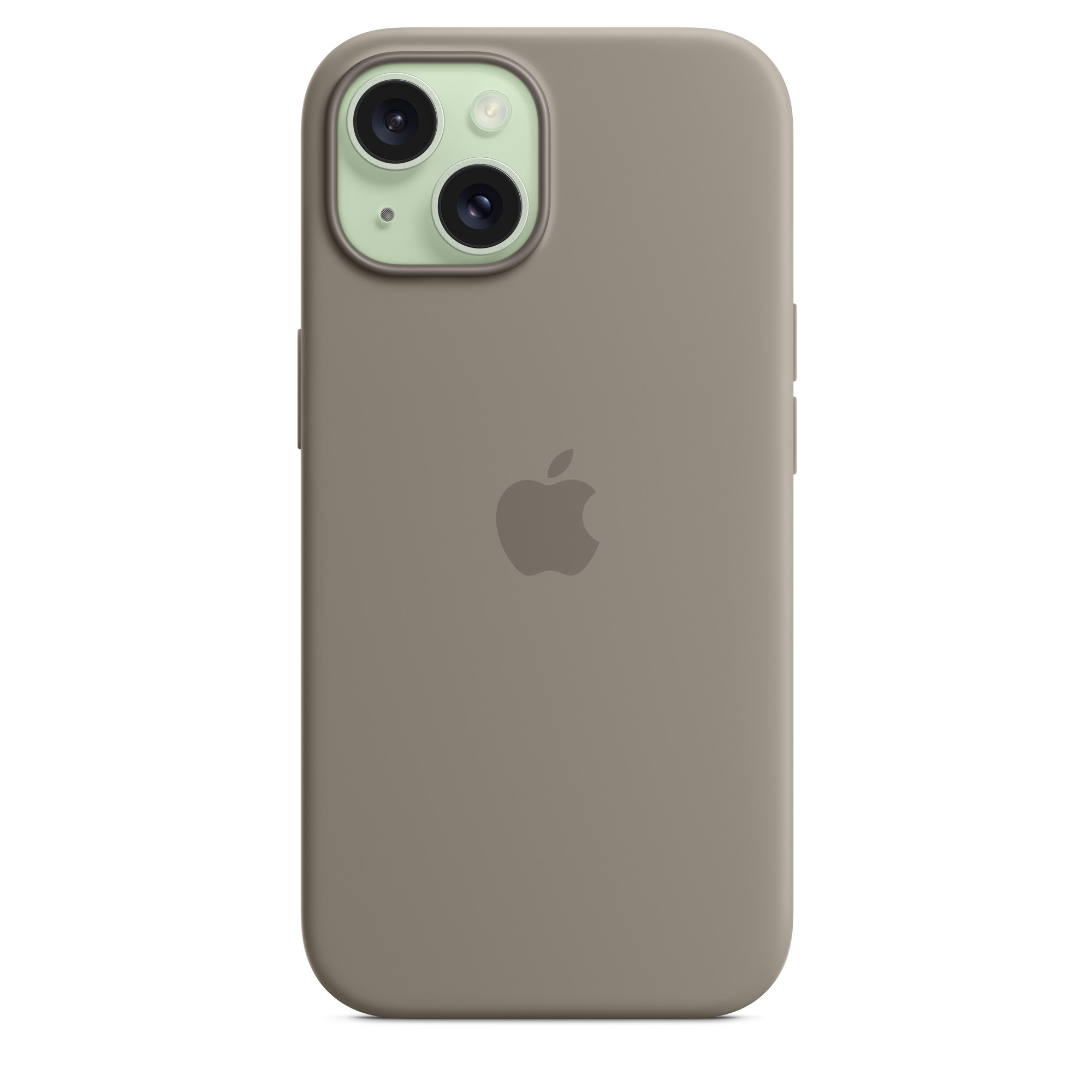 Taupe-Telefon mit grünen Kameralinsen. Apple-Logo auf der Rückseite. Hülle auf dem Telefon.
