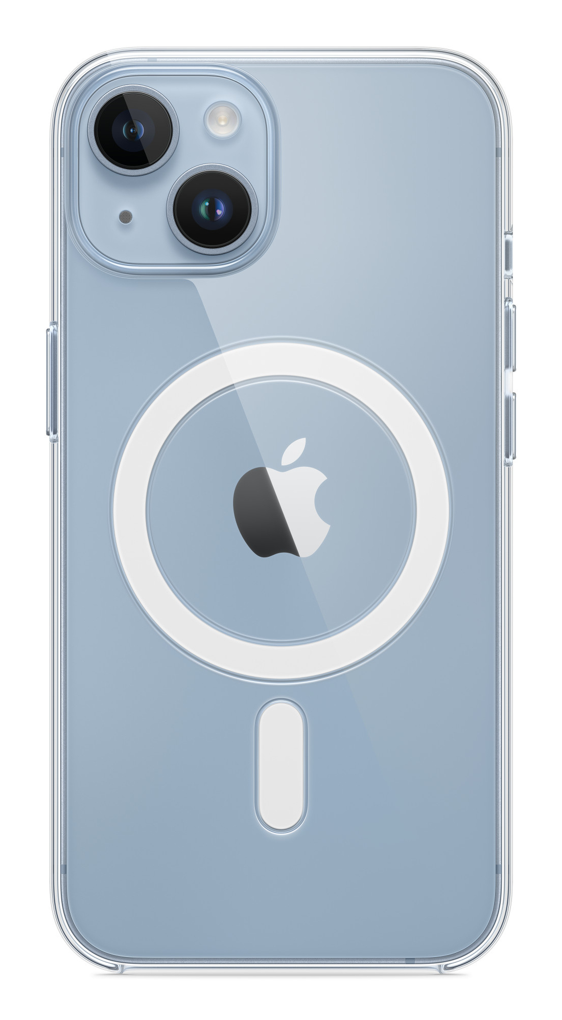 Una custodia trasparente su un iPhone azzurro. Logo Apple visibile.