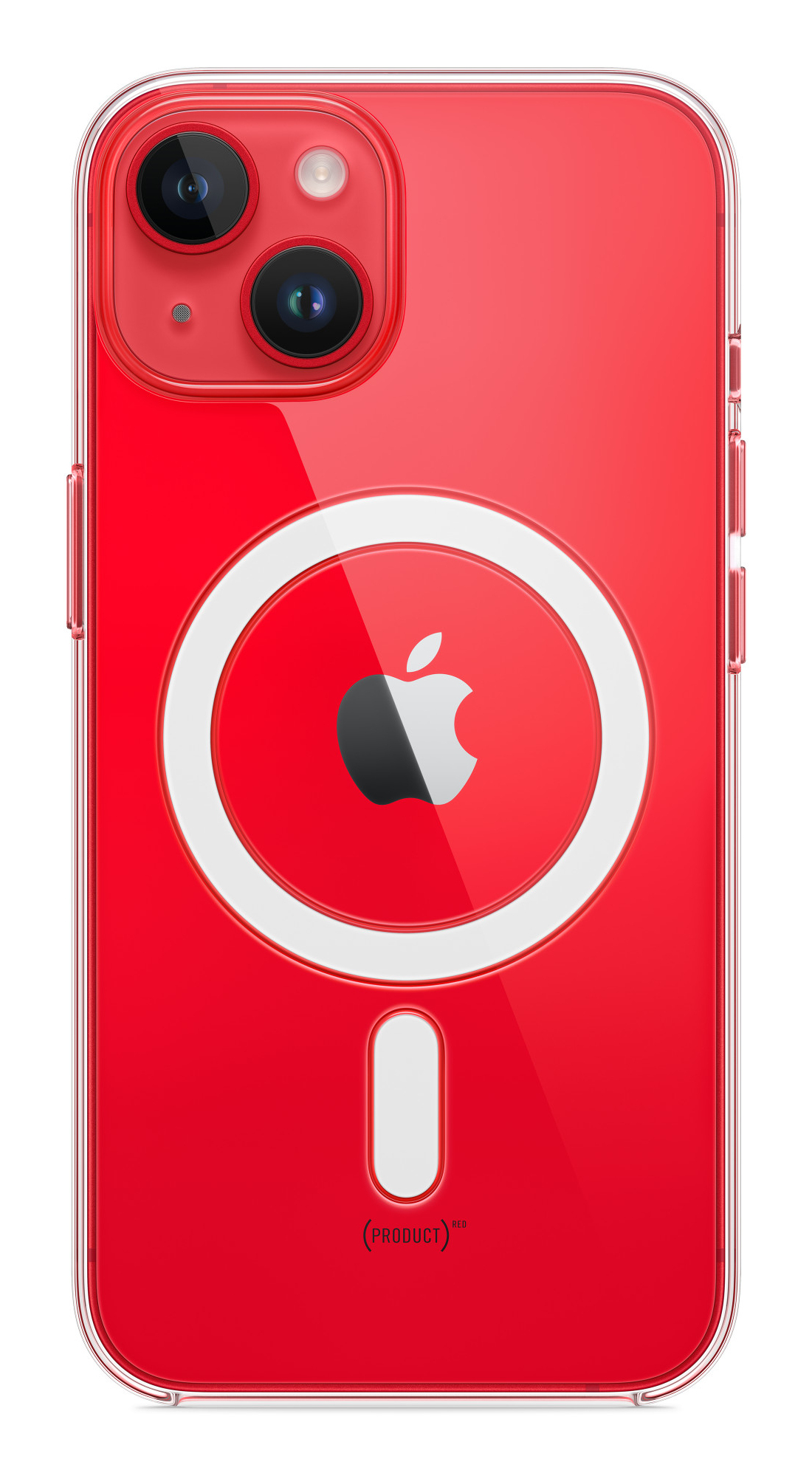 Custodia rossa per telefono con un cerchio bianco e il logo Apple.
