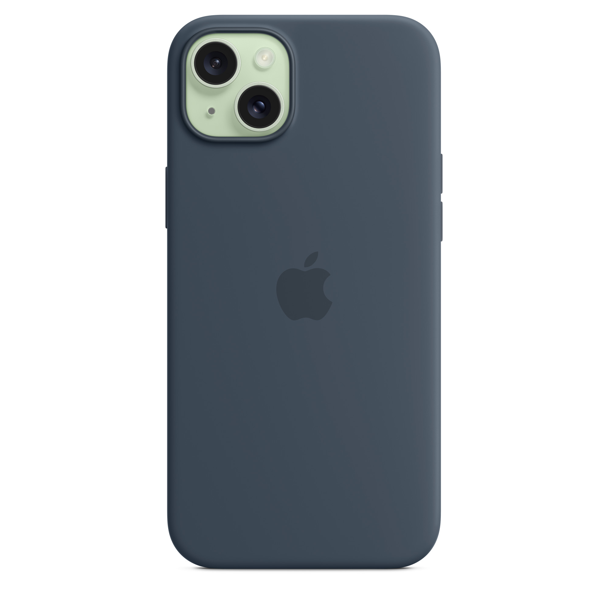 Funda azul oscuro con dos lentes verdes, una blanca y el logo de Apple.