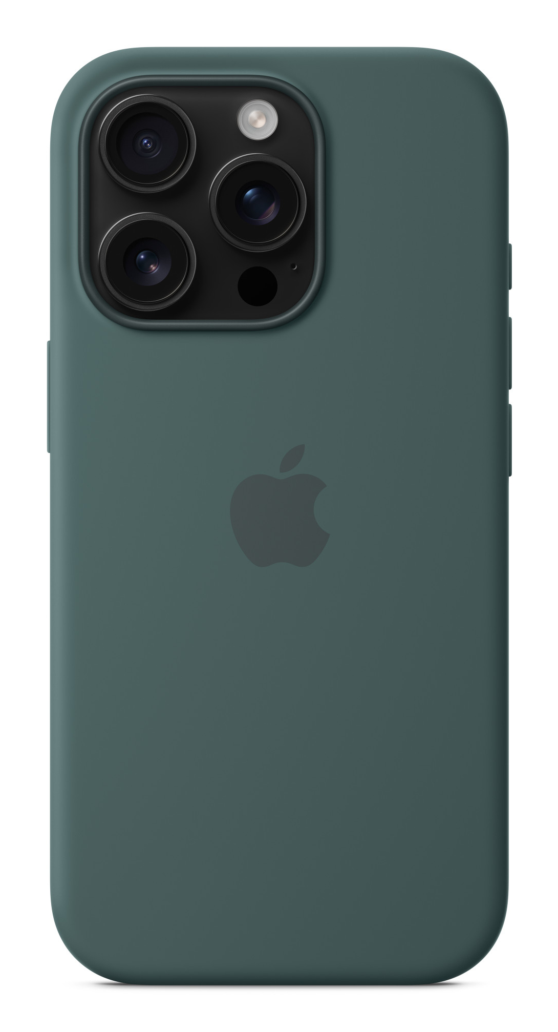 Primo piano di una cover iPhone verde scuro con tre fotocamere e logo Apple.