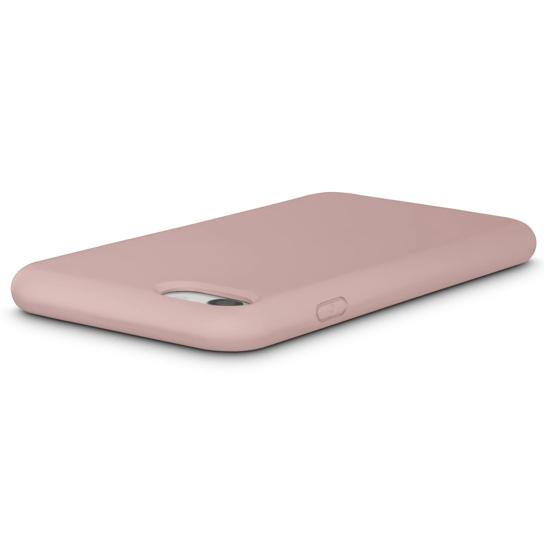 Una custodia per telefono rosa chiaro, distesa su una superficie bianca, angolata verso destra.
