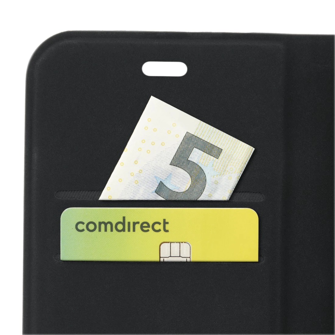 Custodia per telefono con una tasca che contiene una banconota e una carta. Carta Comdirect visibile.