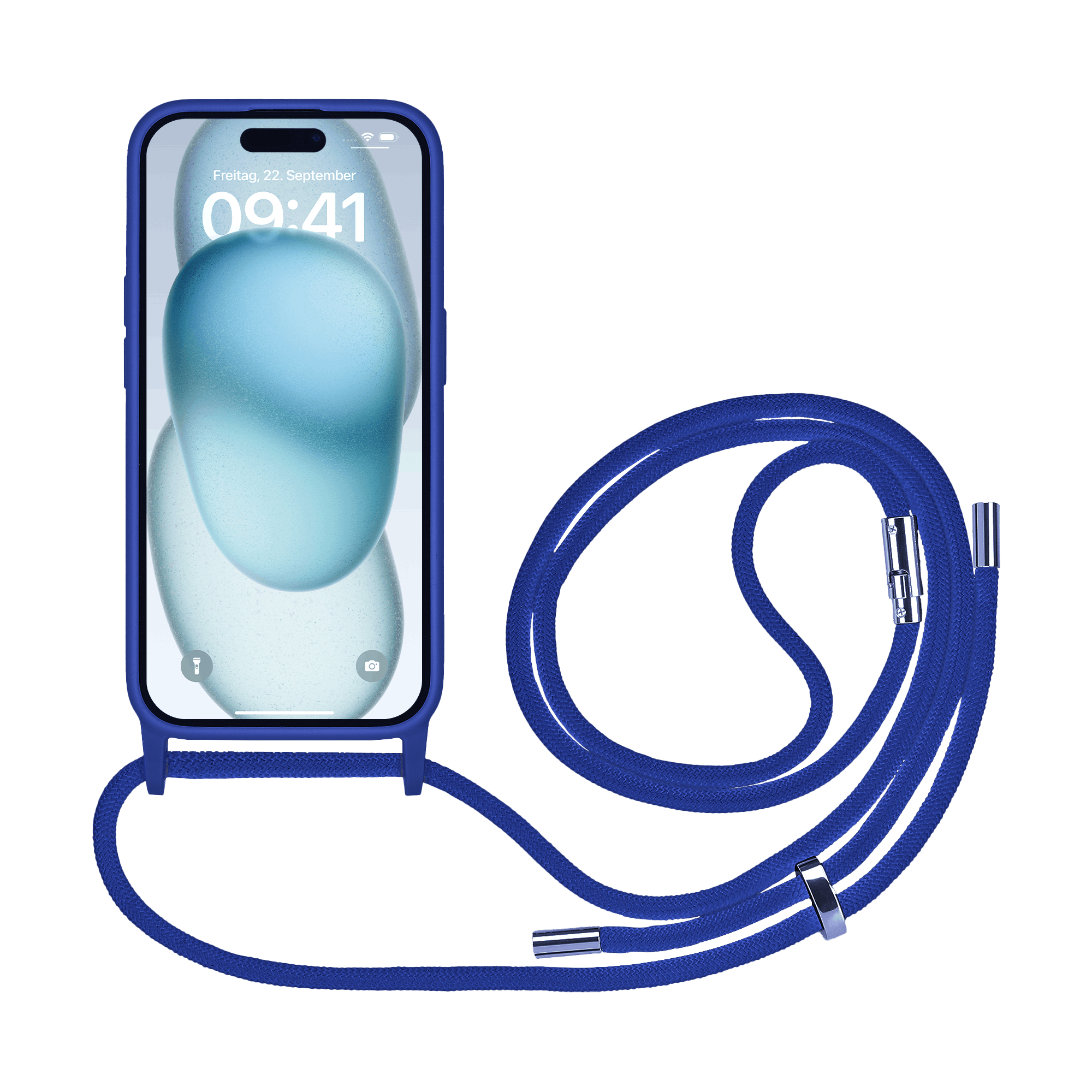 Custodia blu per telefono con schermo e cordino blu.