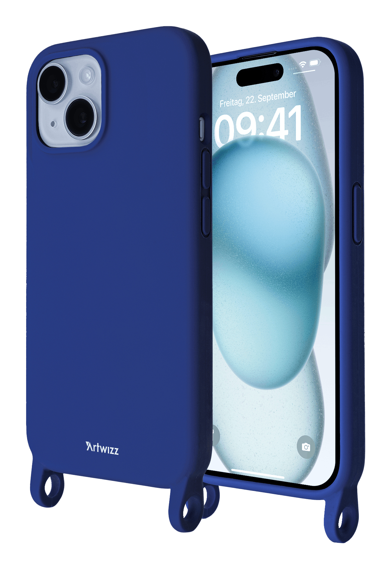 iPhone blu con custodia blu, schermo mostra ora e data.