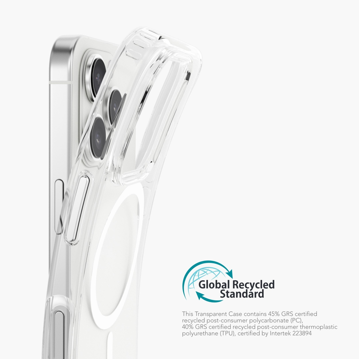 Coque de téléphone transparente sur fond blanc, avec le logo Global Recycled Standard.
