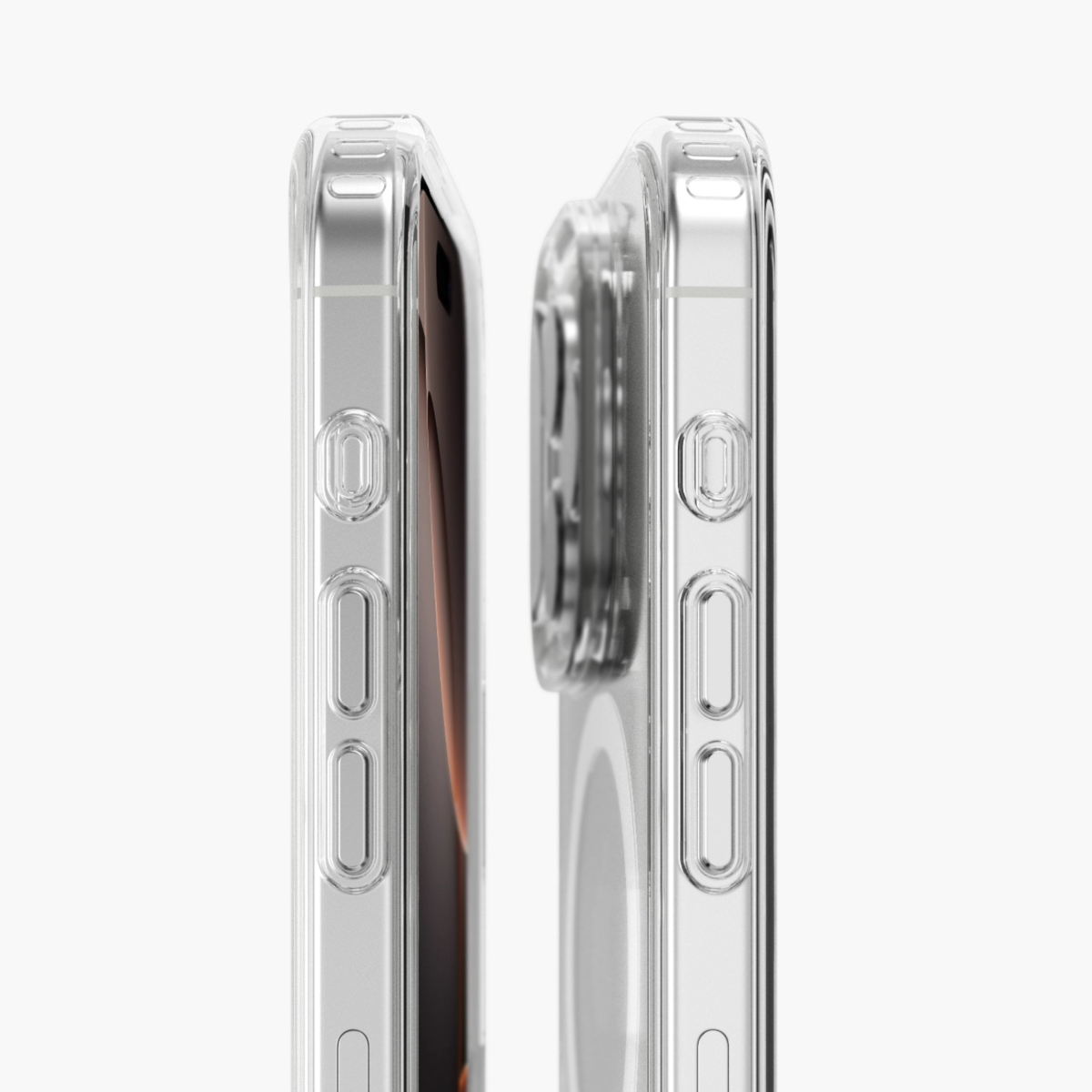 Deux coques de téléphone transparentes côte à côte, vue latérale.