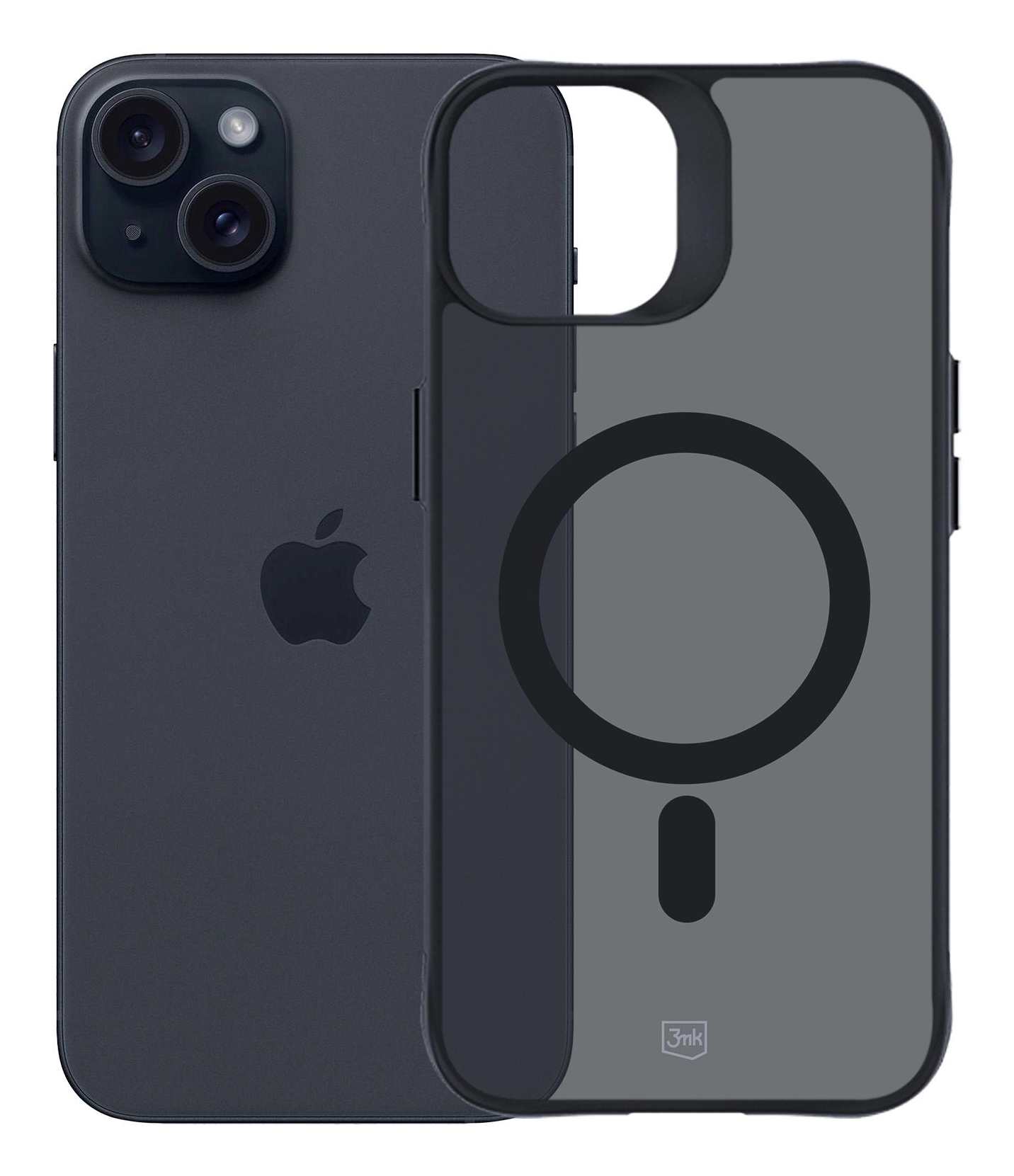 iPhone nero e custodia trasparente. Custodia con cerchio e logo.