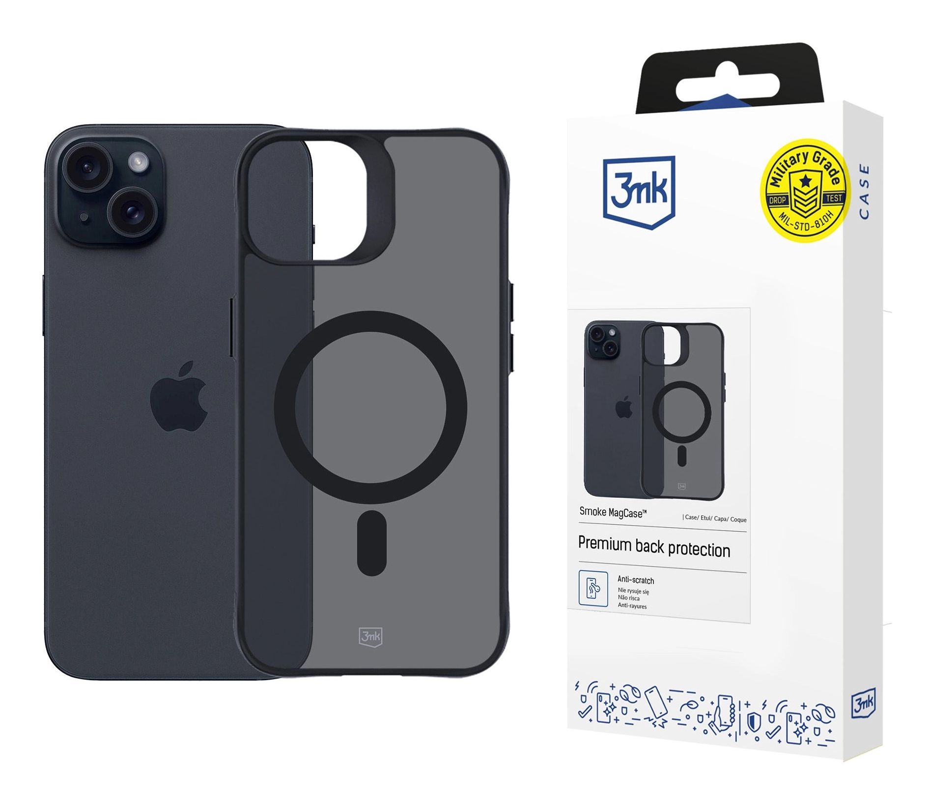 iPhone in una custodia con confezione del prodotto su sfondo bianco.