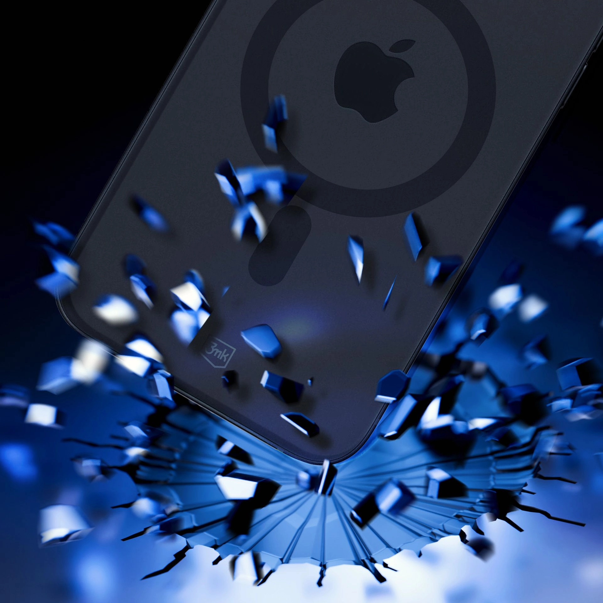 Custodia del telefono colpita, con frammenti blu che volano. Sfondo nero. Logo Apple visibile.