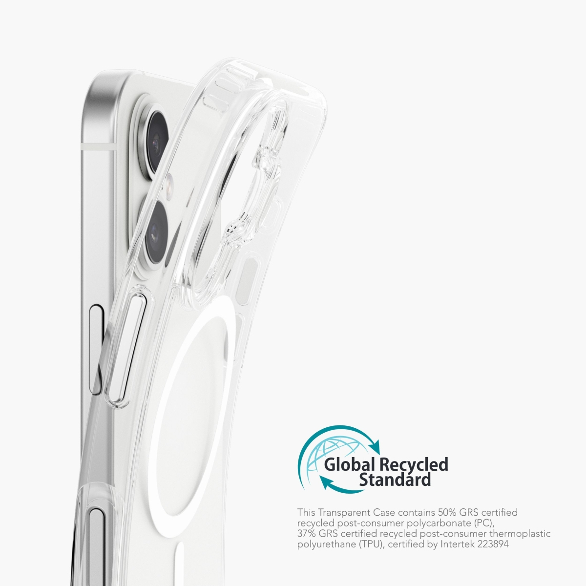 Coque de téléphone transparente sur une surface blanche. La coque est enroulée autour d'un téléphone.