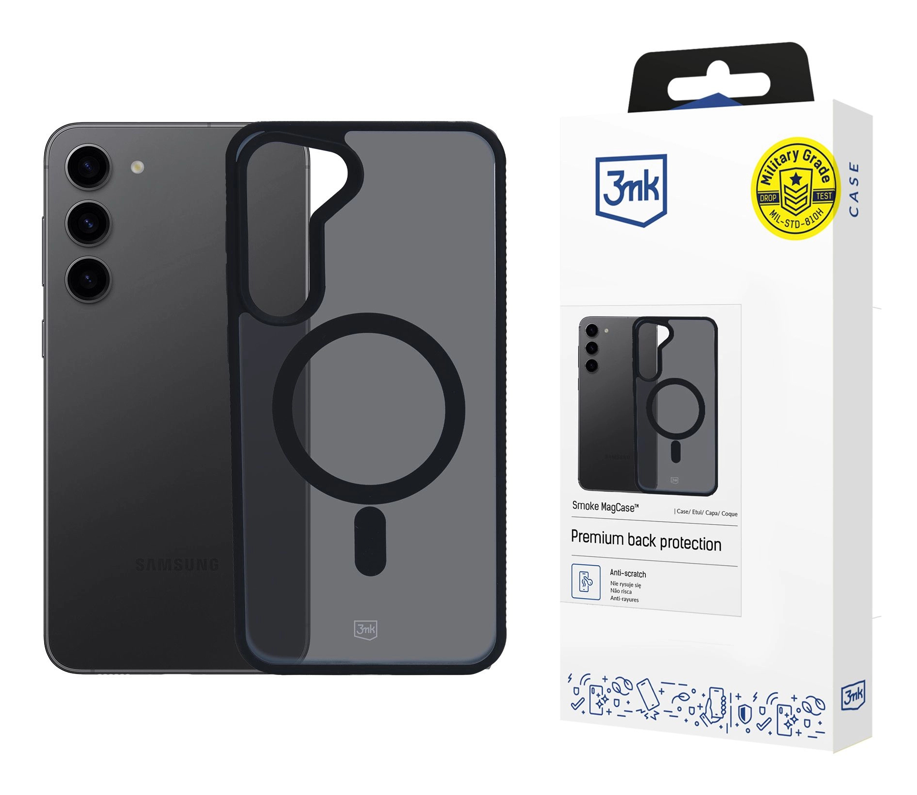 Telefono e custodia Samsung neri. La custodia è trasparente con un anello magnetico nero. Custodia in una scatola a destra.