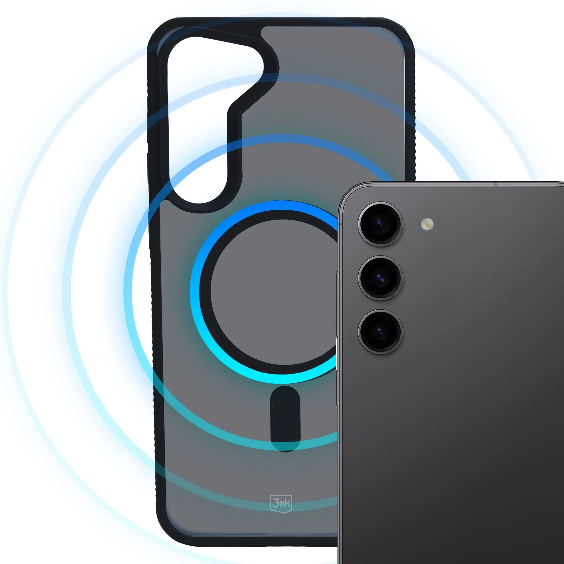 Telefono e custodia con anello MagSafe. Luce blu attorno al cerchio. Sfondo nero.
