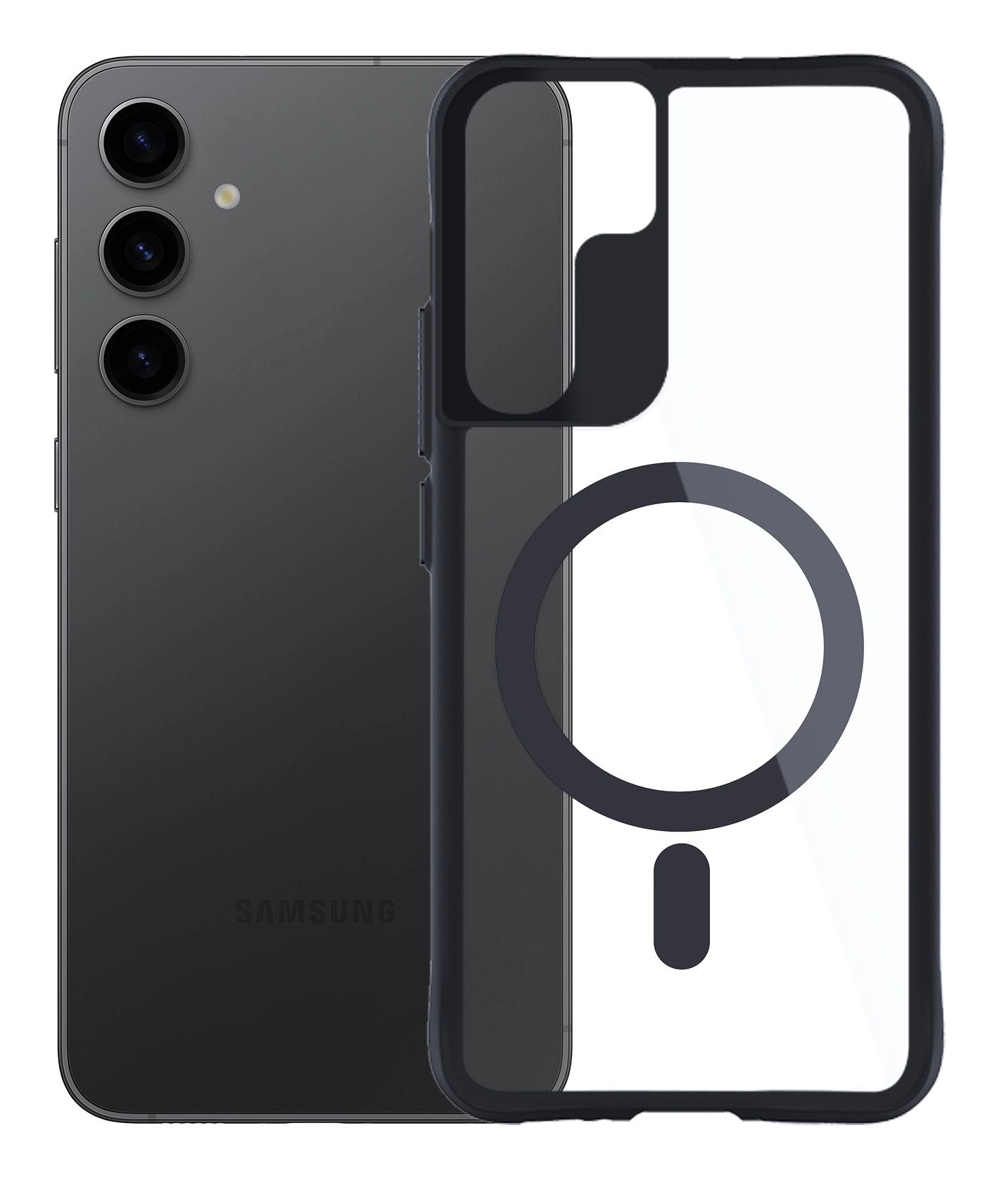Telefono nero e grigio con custodia trasparente, lenti visibili.