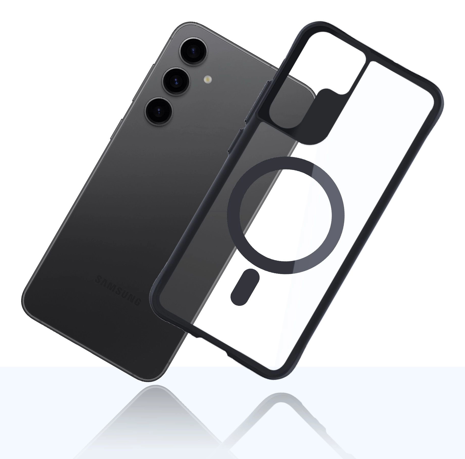 Telefono Samsung grigio con custodia trasparente, tre fotocamere e anello magnetico.
