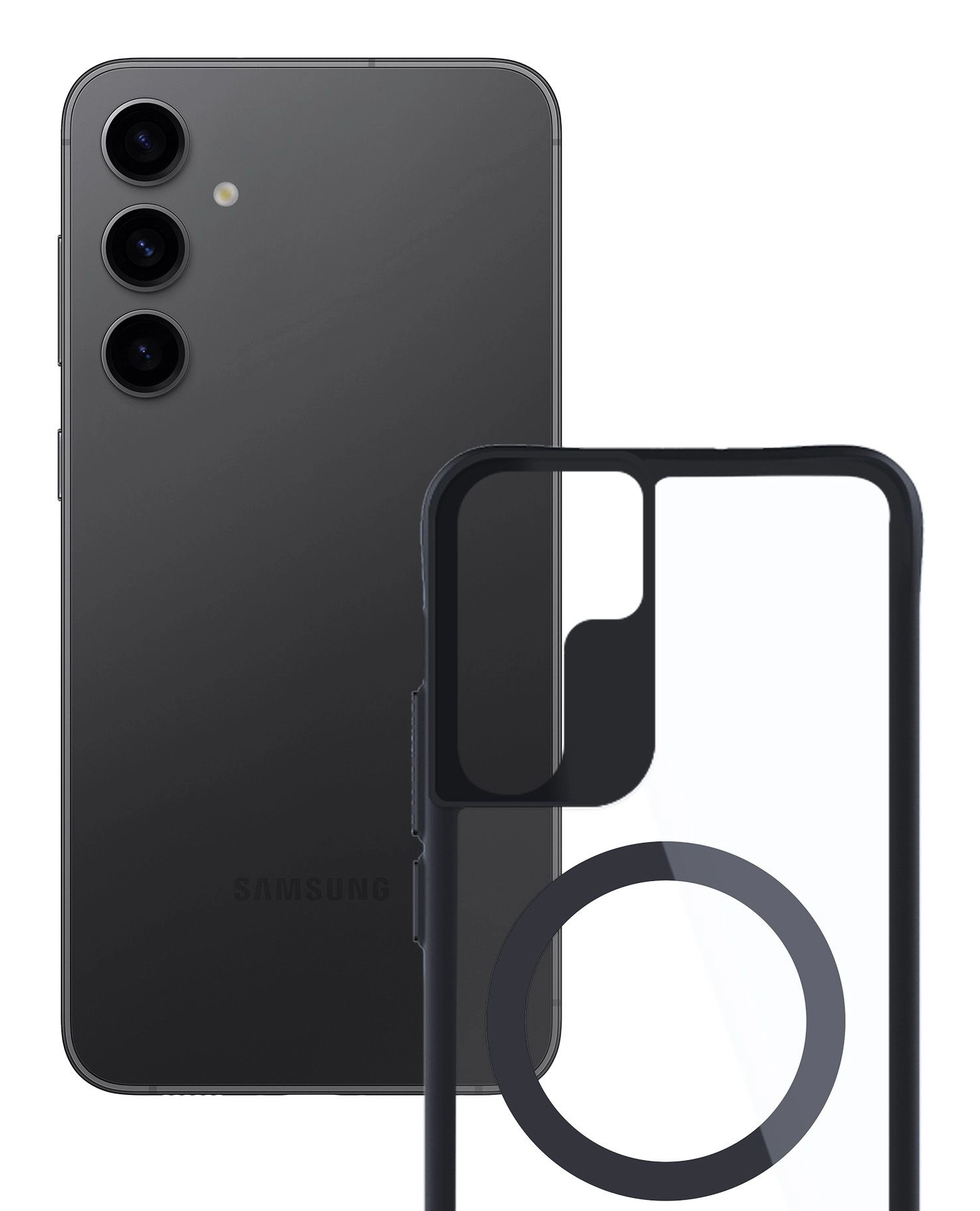 Un telefono Samsung nero e una custodia trasparente, che mostra il retro del telefono.