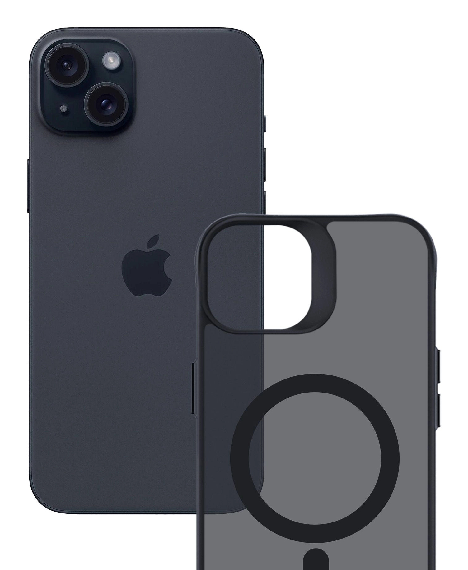 Telefono blu scuro e custodia trasparente con anello magnetico nero. Logo Apple sul telefono.