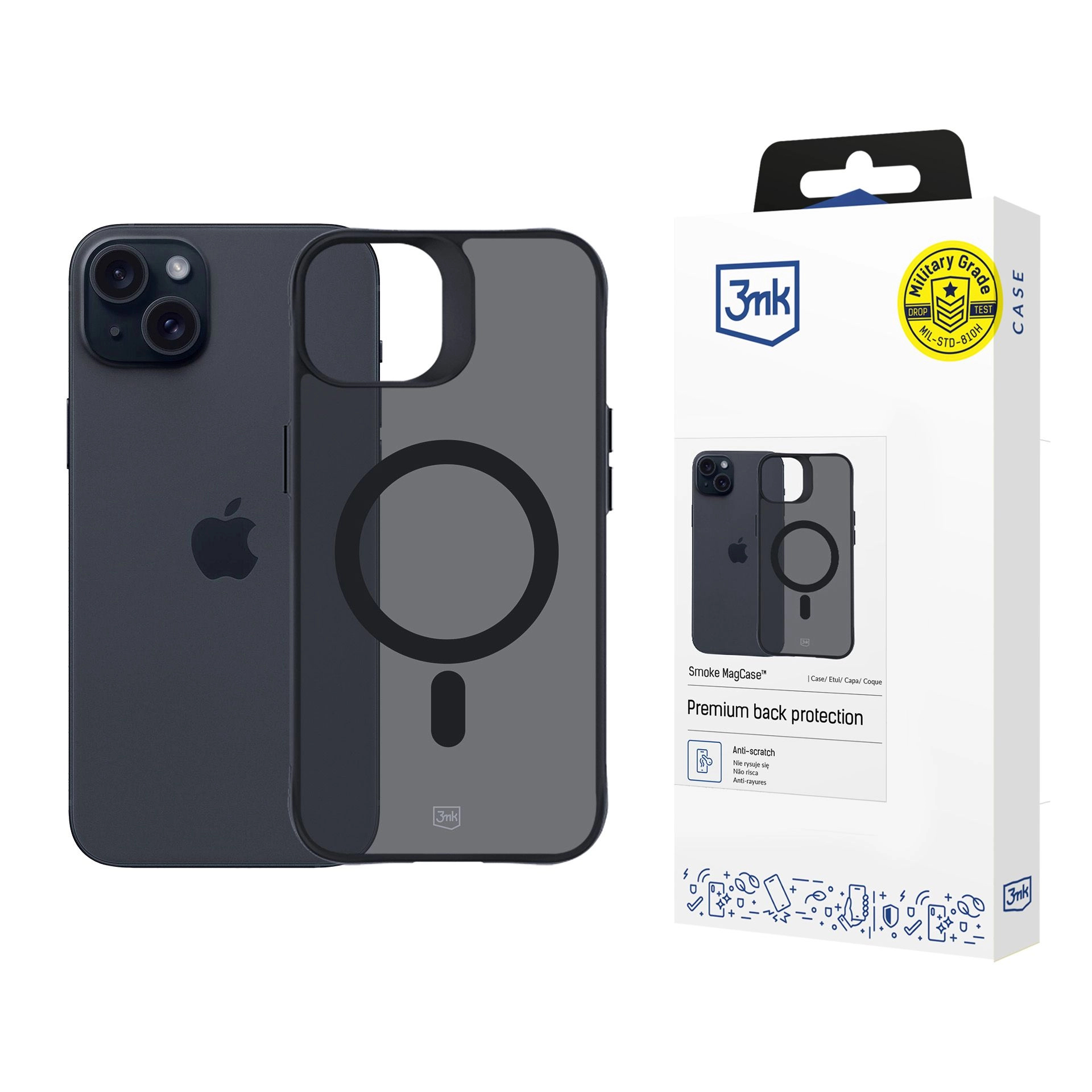 iPhone e custodia in una scatola. La custodia è nera, con un cerchio.