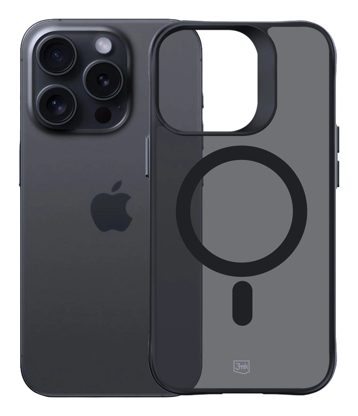 Ciemnoszary telefon i przezroczyste etui z czarnym pierścieniem magnetycznym. Logo Apple na telefonie.