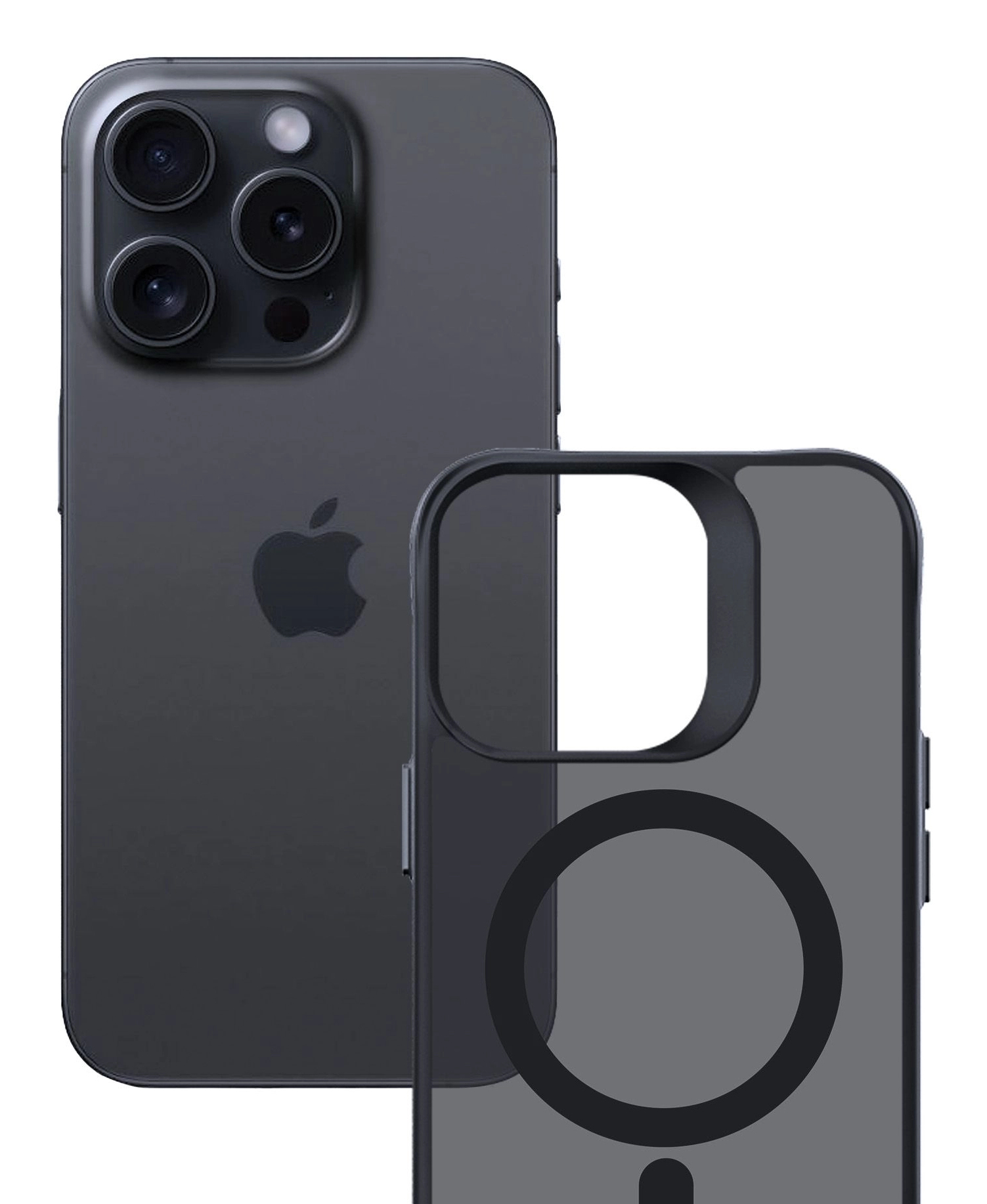 Czarny iPhone i przezroczyste etui. Etui ma pierścień magnetyczny i wycięcie na aparat.