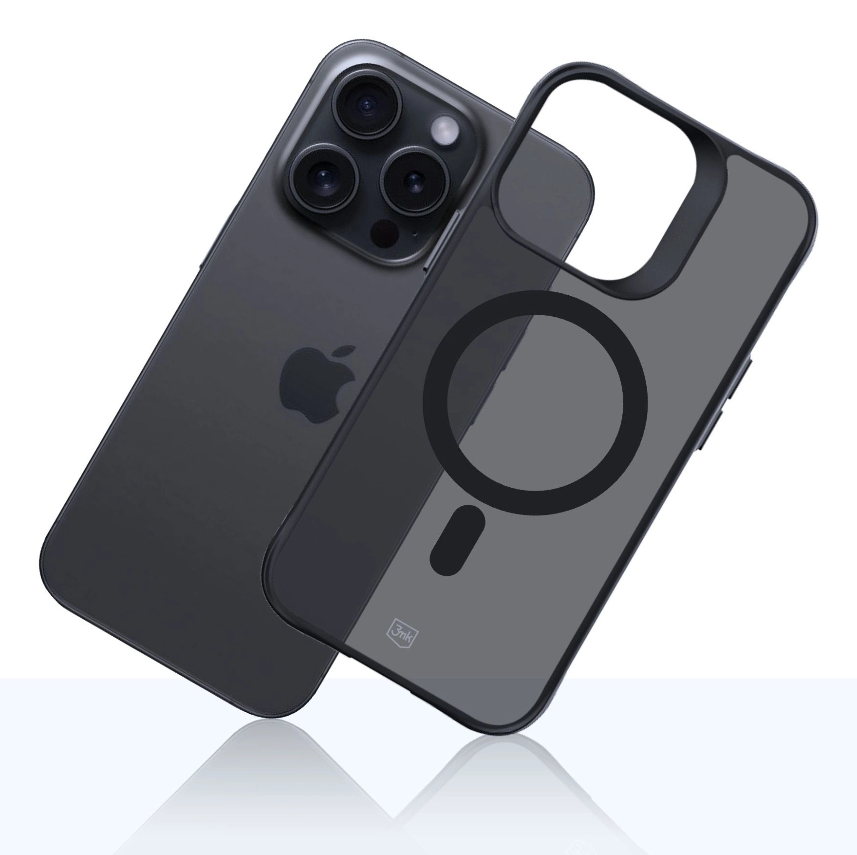 Ciemny iPhone i przezroczyste etui. Etui z okręgiem i logo.