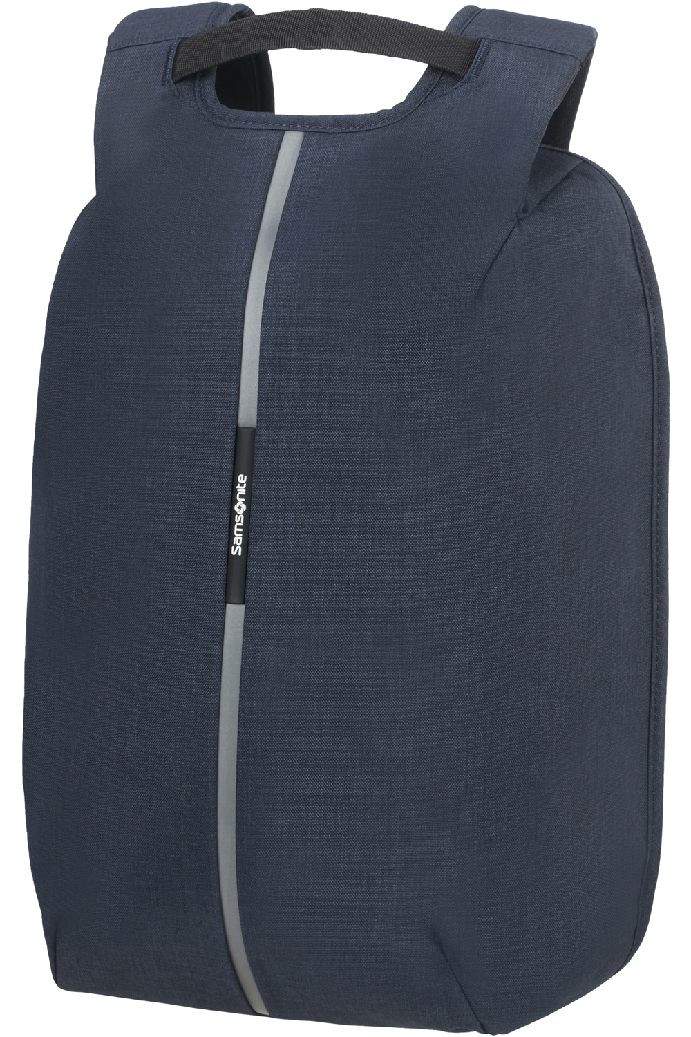 Ein marineblauer Samsonite-Rucksack mit einem reflektierenden Streifen in der Mitte.