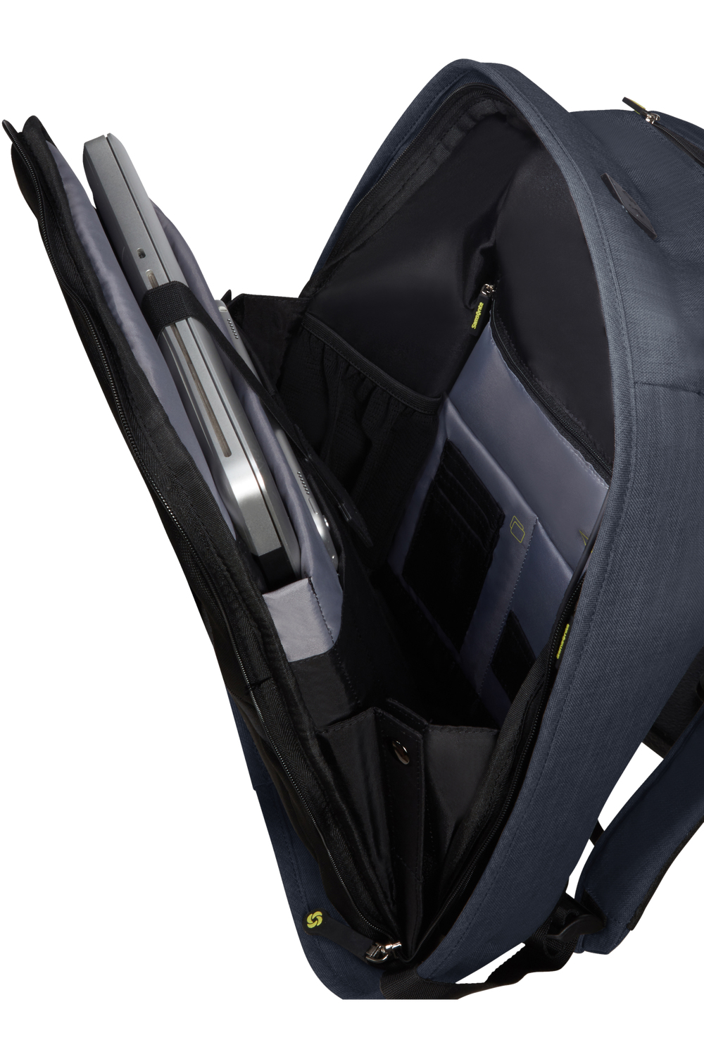 Blauer Rucksack offen, mit Laptop und Fächern. Die Innenseite ist grau.