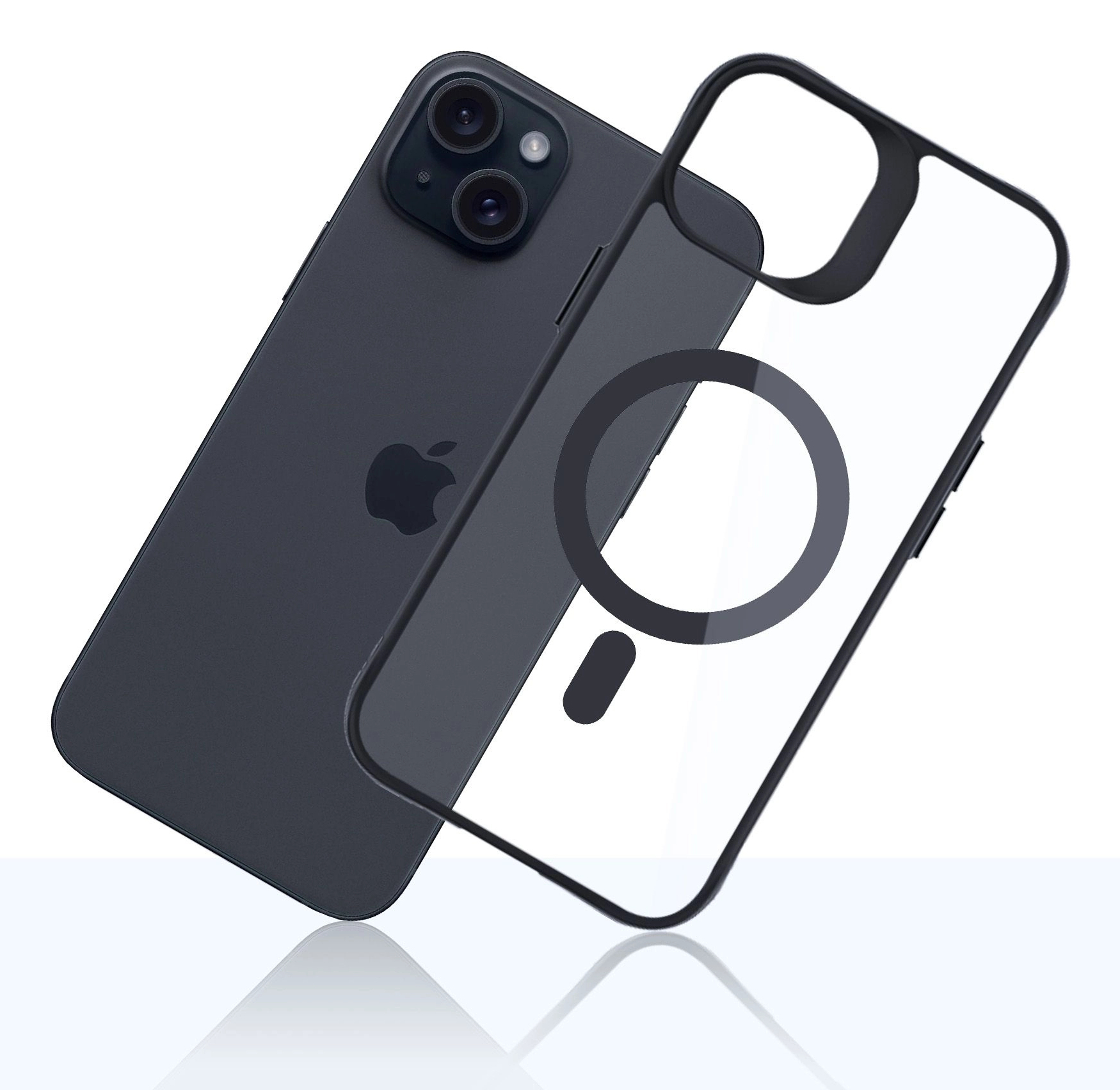 iPhone scuro e custodia trasparente. Custodia con anello e logo.