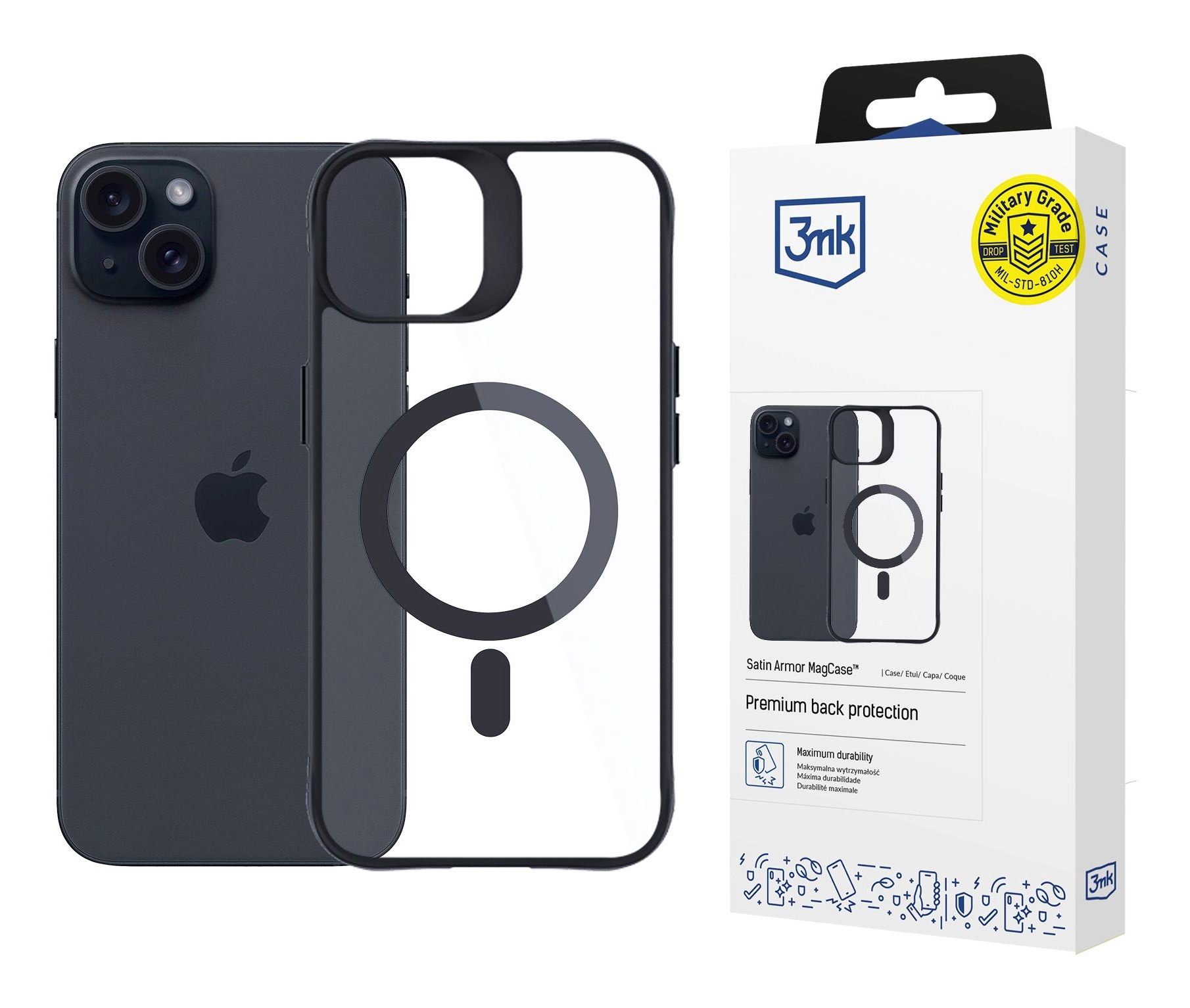 iPhone scuro accanto a una custodia trasparente con anello magnetico nero. Scatola con dettagli della custodia a destra.