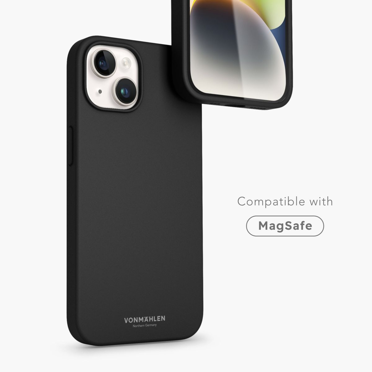Custodia nera per telefono con compatibilità MagSafe. Telefono parzialmente visibile.
