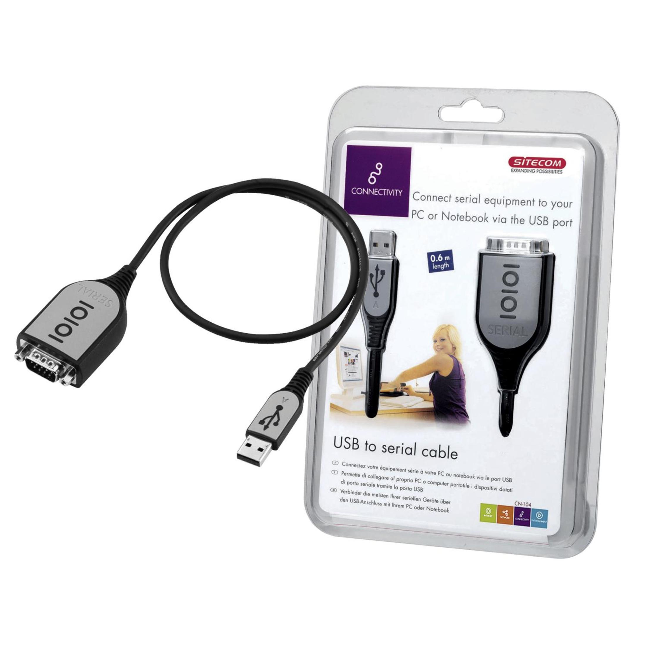 Ein USB-zu-Seriell-Kabel mit Verpackung. Die Verpackung hat ein Foto des Kabels und den Text.