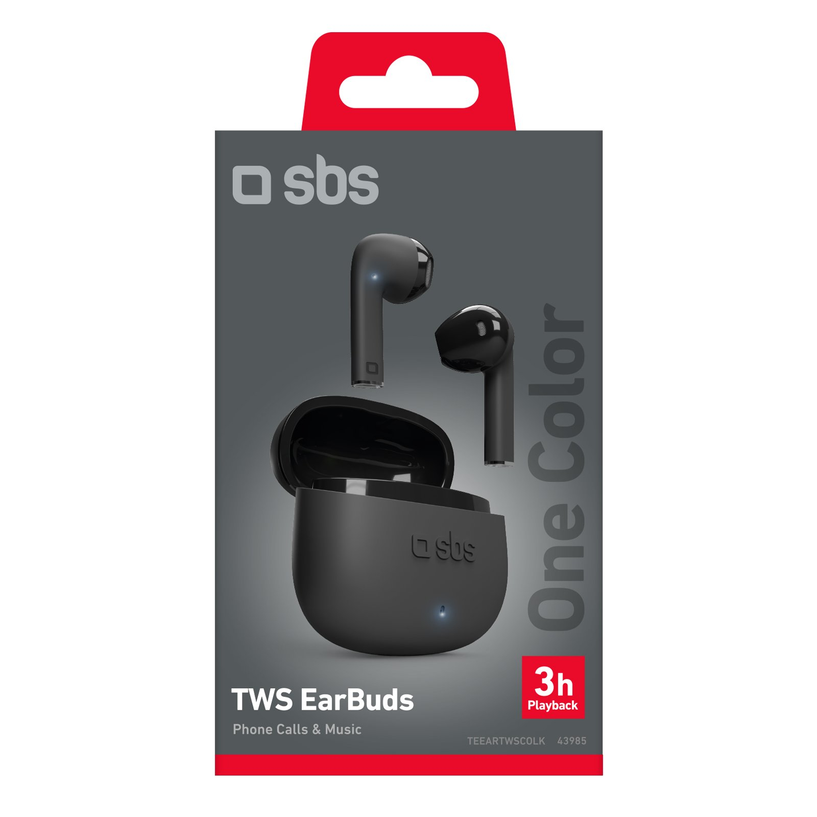 Auricolari neri in custodia e scatola. Testo: TWS EarBuds.