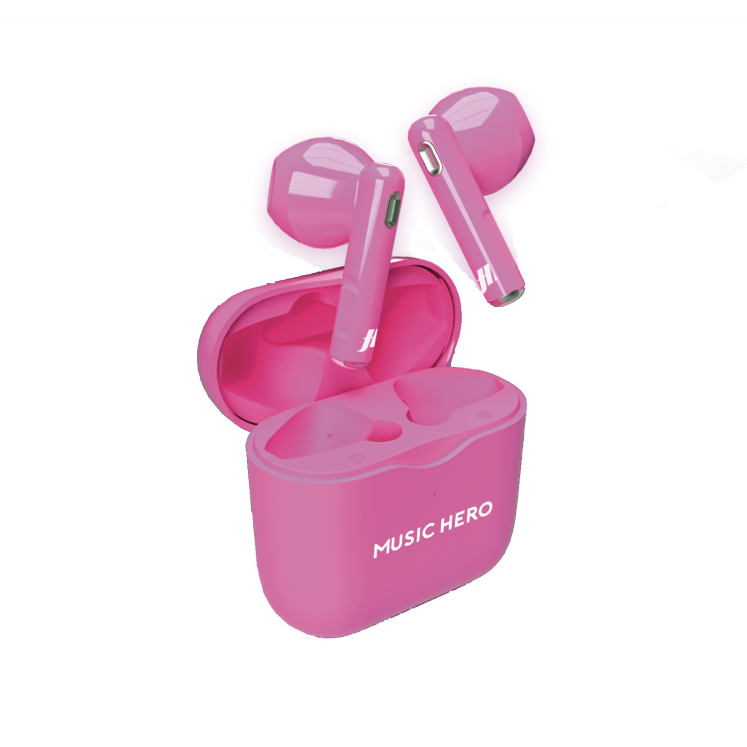 Auricolari e custodia rosa su sfondo bianco. La custodia è aperta con gli auricolari fuori. Testo: 'MUSIC HERO'.