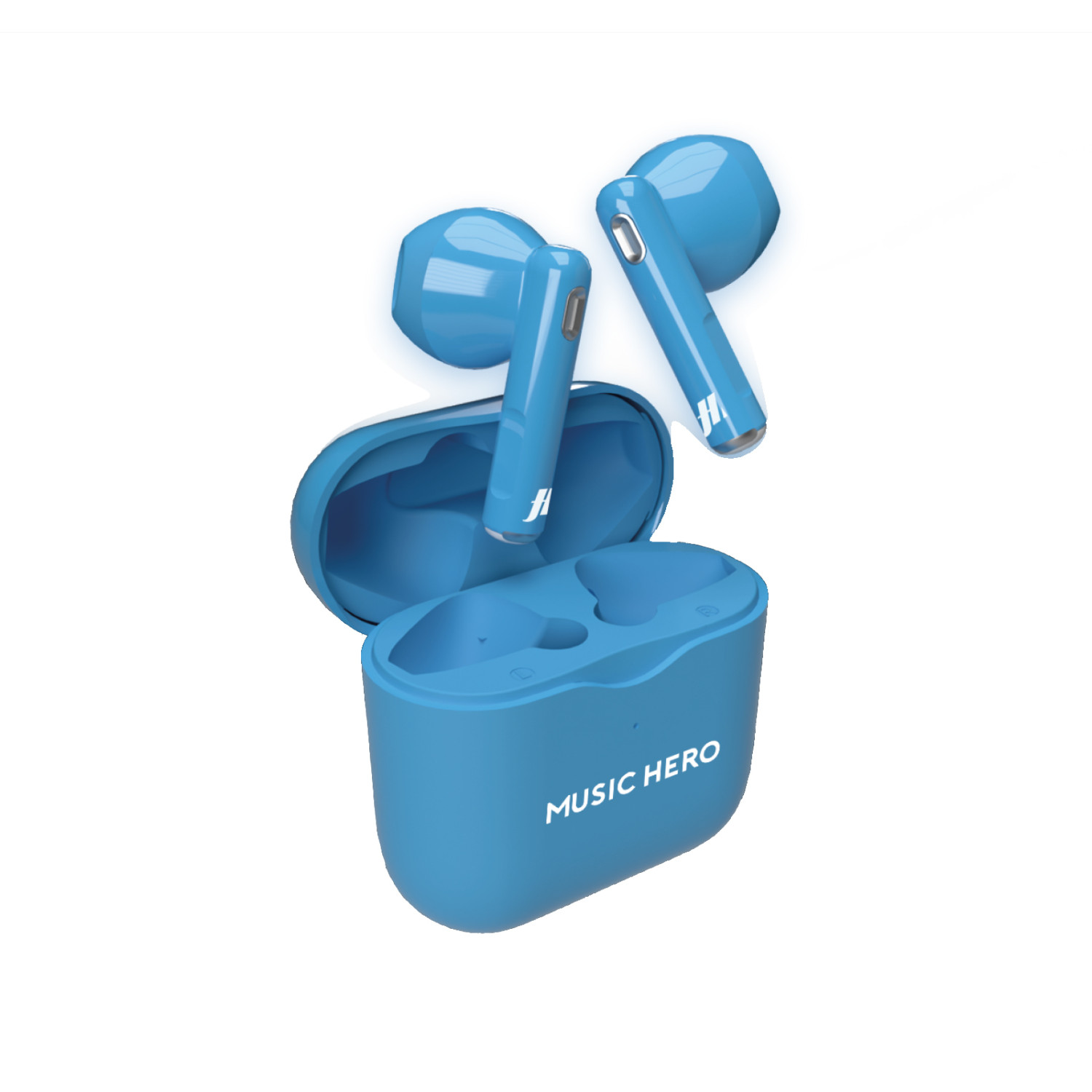 Auricolari e custodia blu su sfondo bianco. La custodia è aperta con gli auricolari fuori. Testo: 'MUSIC HERO'.
