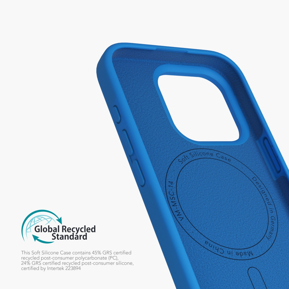 Interno di custodia per telefono blu con testo e loghi, che indica che è realizzata con materiali riciclati.