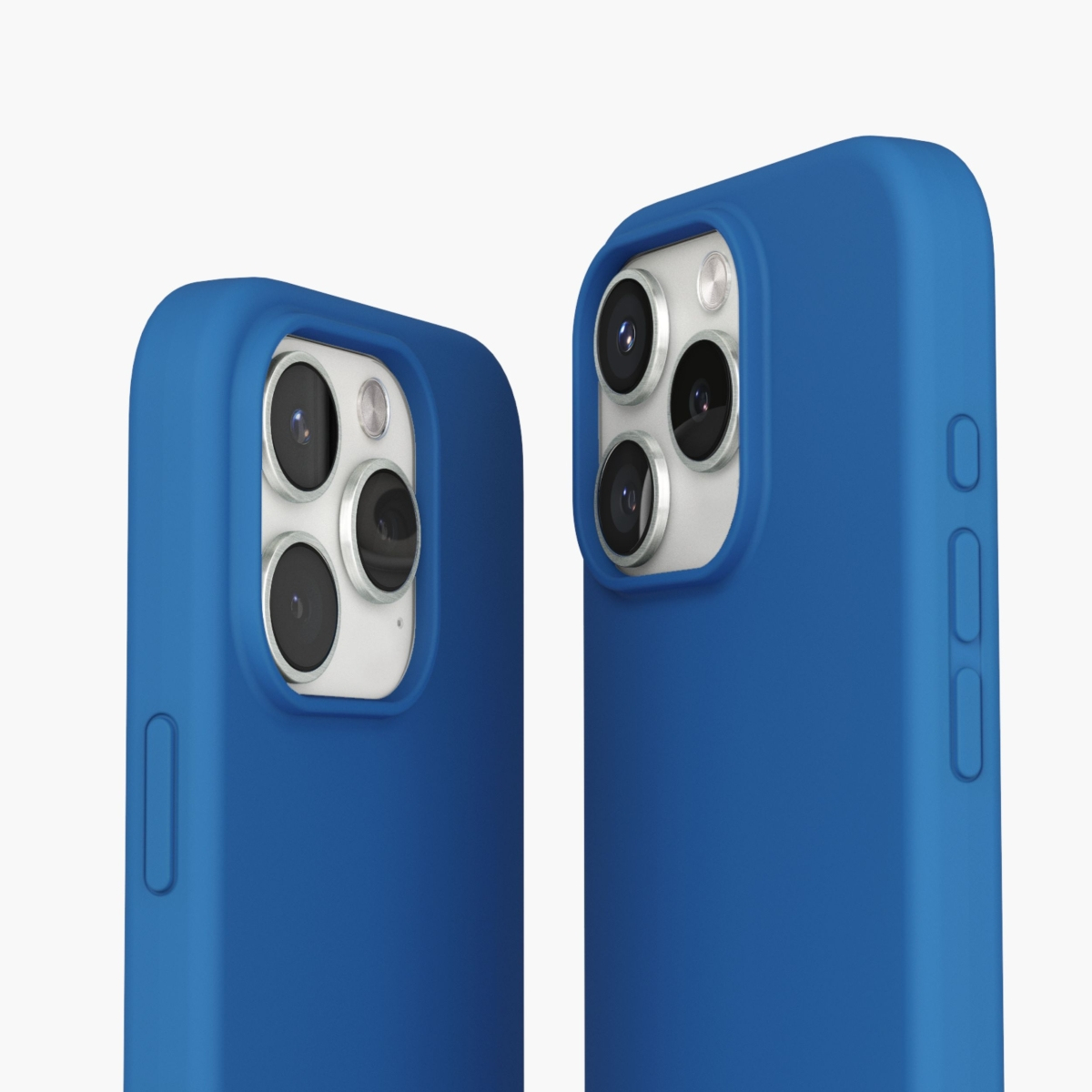 Due custodie blu per telefono con più fotocamere su sfondo bianco.