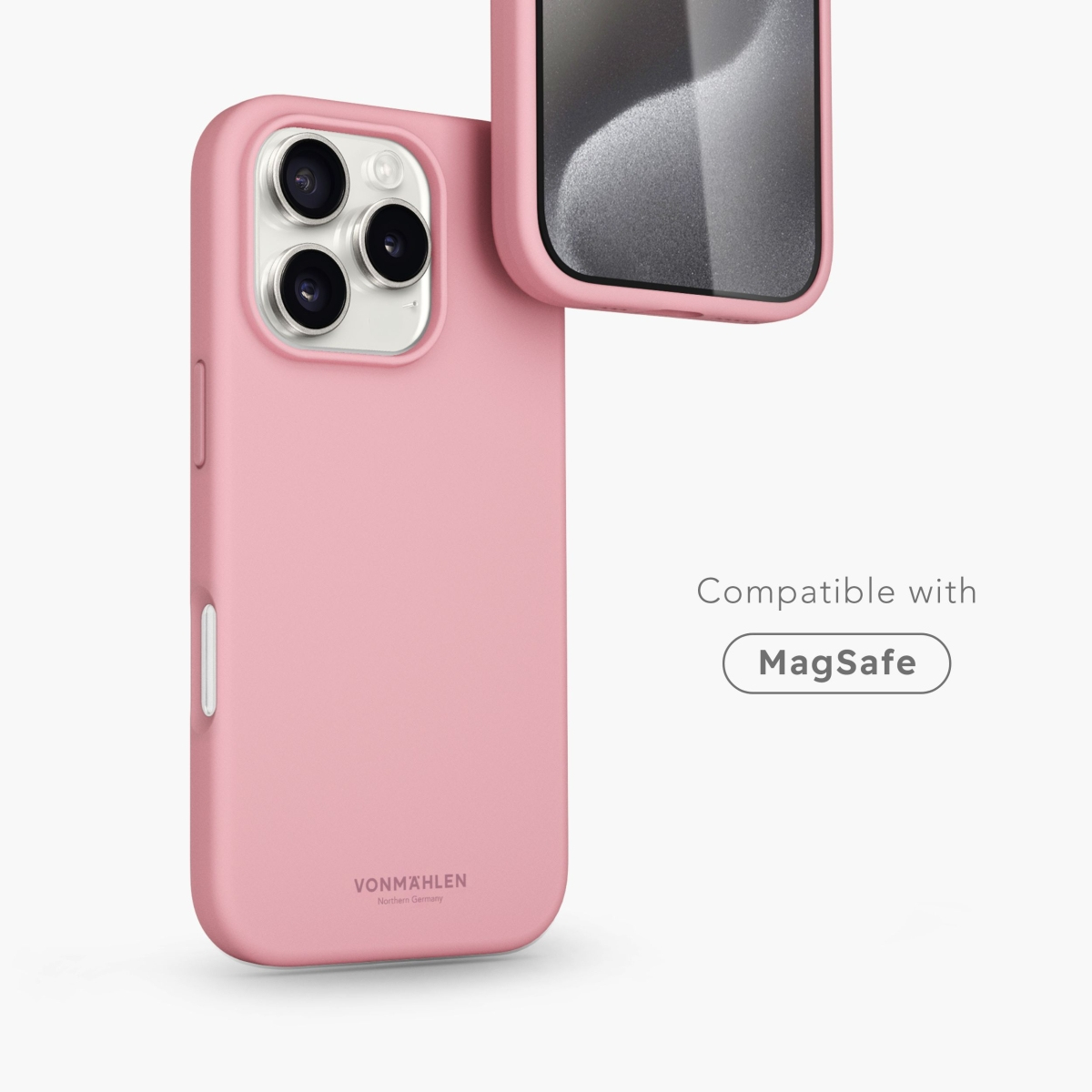 Rosa Telefon und Hülle mit MagSafe-Symbol. Weißer Hintergrund.