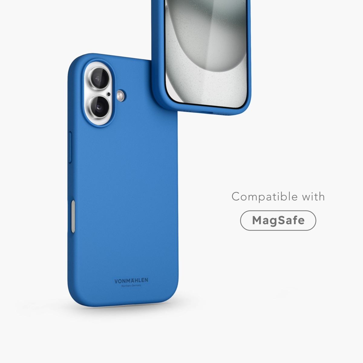Blaue Handyhülle mit Telefon. Weißer Hintergrund. Text: Kompatibel mit MagSafe.