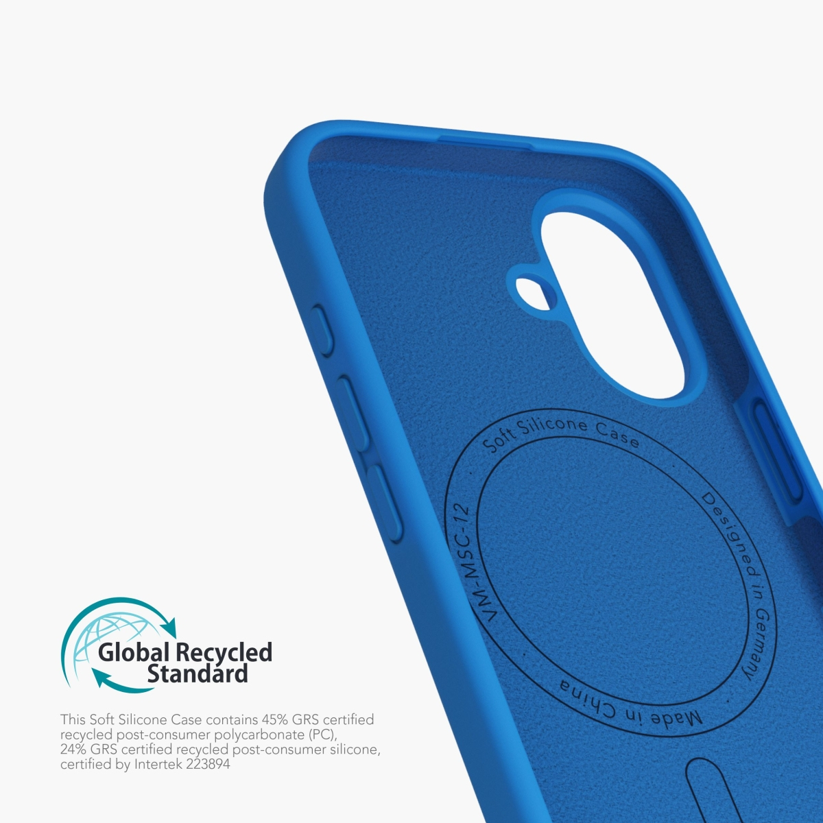Blaues Handyhülleninnere, mit Global Recycled Standard Logo und Text. Weißer Hintergrund.