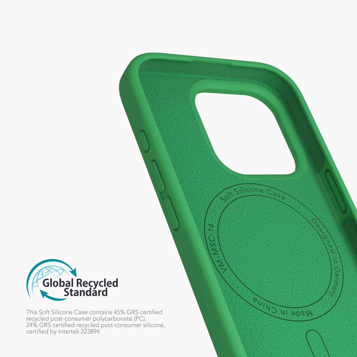 Grüne iPhone-Hülle innen mit Text und Logo.