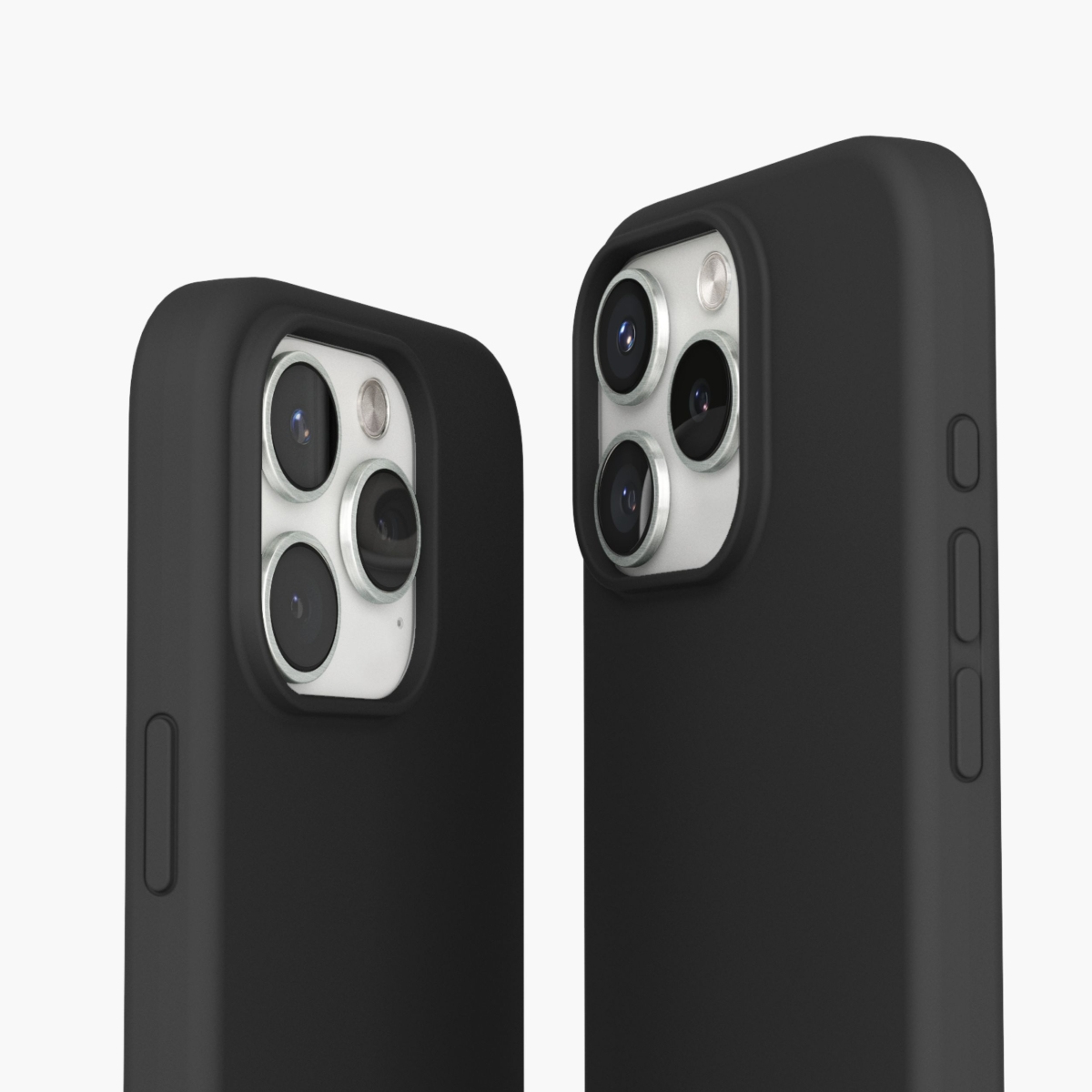Zwei schwarze Handyhüllen, die Kameralinsen zeigen. Beide Hüllen haben das gleiche Design, mit Aussparungen für Kamera und Tasten.