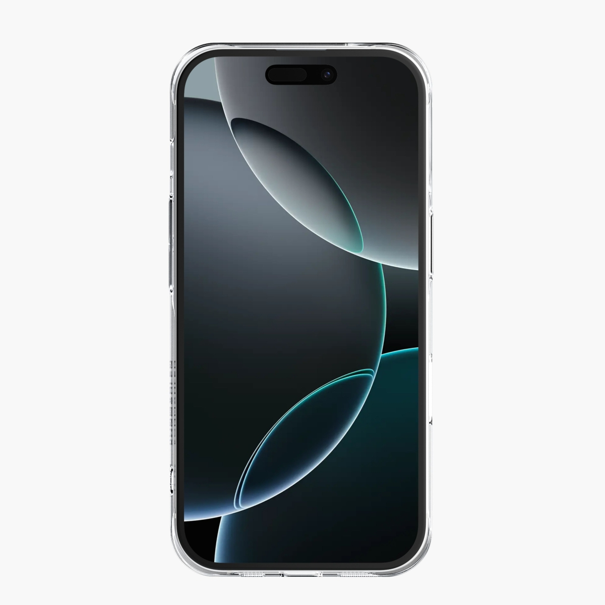 Un telefono in una custodia trasparente. Sfondo scuro con curve visibili attraverso la custodia.