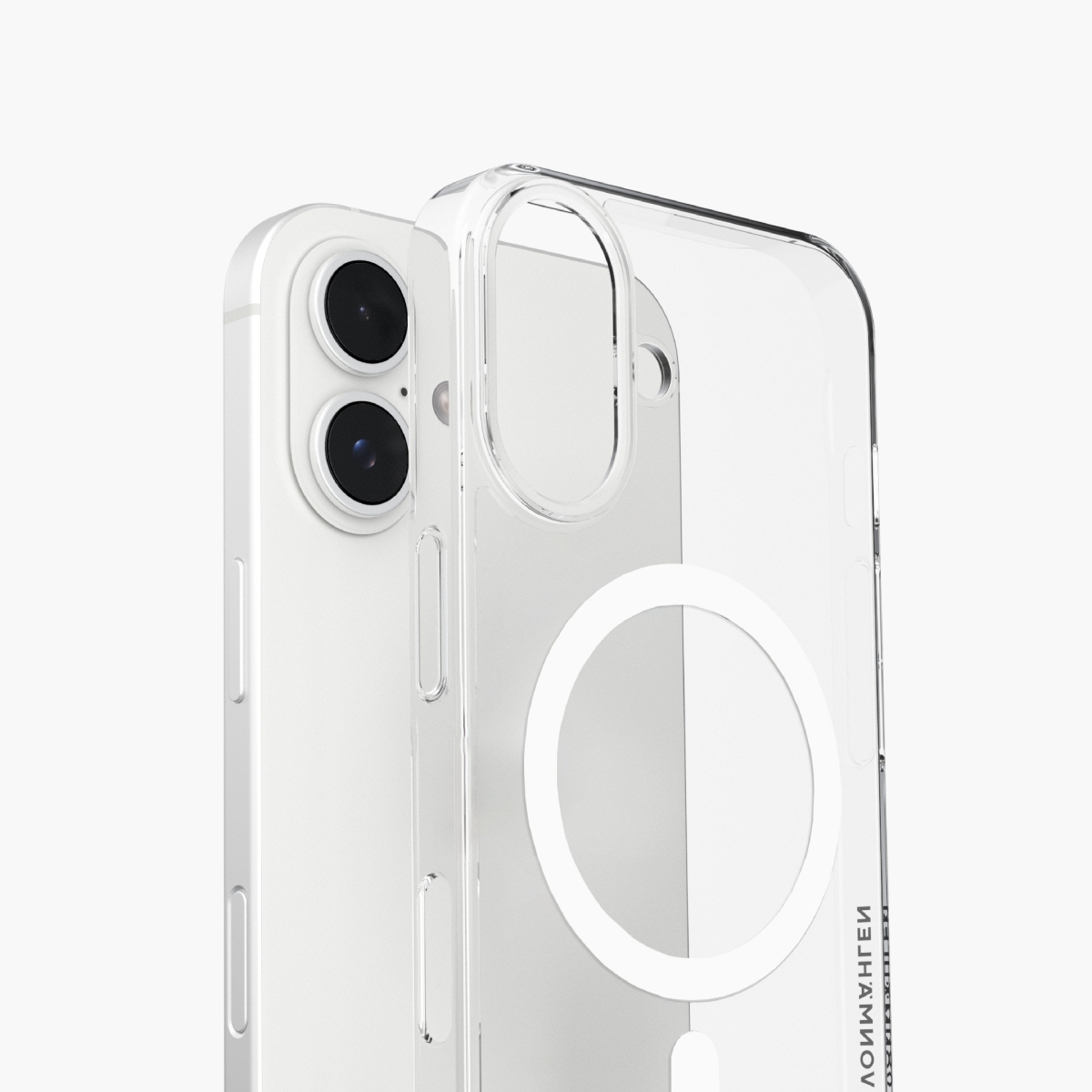 Téléphone avec coque transparente, dos avec caméras, et un aimant circulaire blanc.